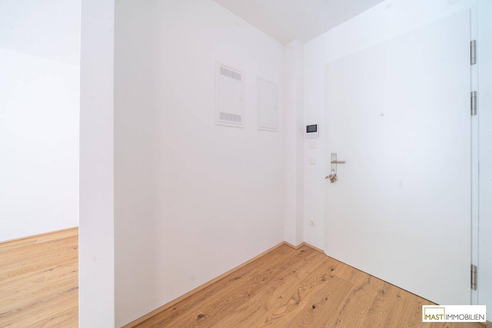 Eingangsbereich mit Holzboden und weißer Tür, bereit für die individuelle Gestaltung.