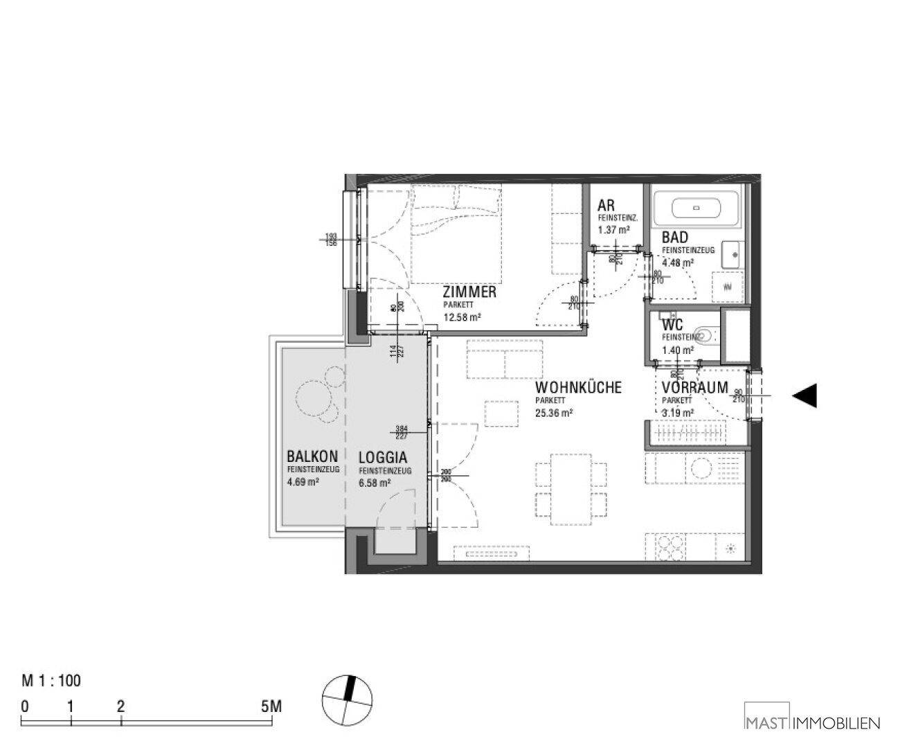 Detaillierter Grundriss einer Wohnung mit Balkon, Loggia und separatem WC.