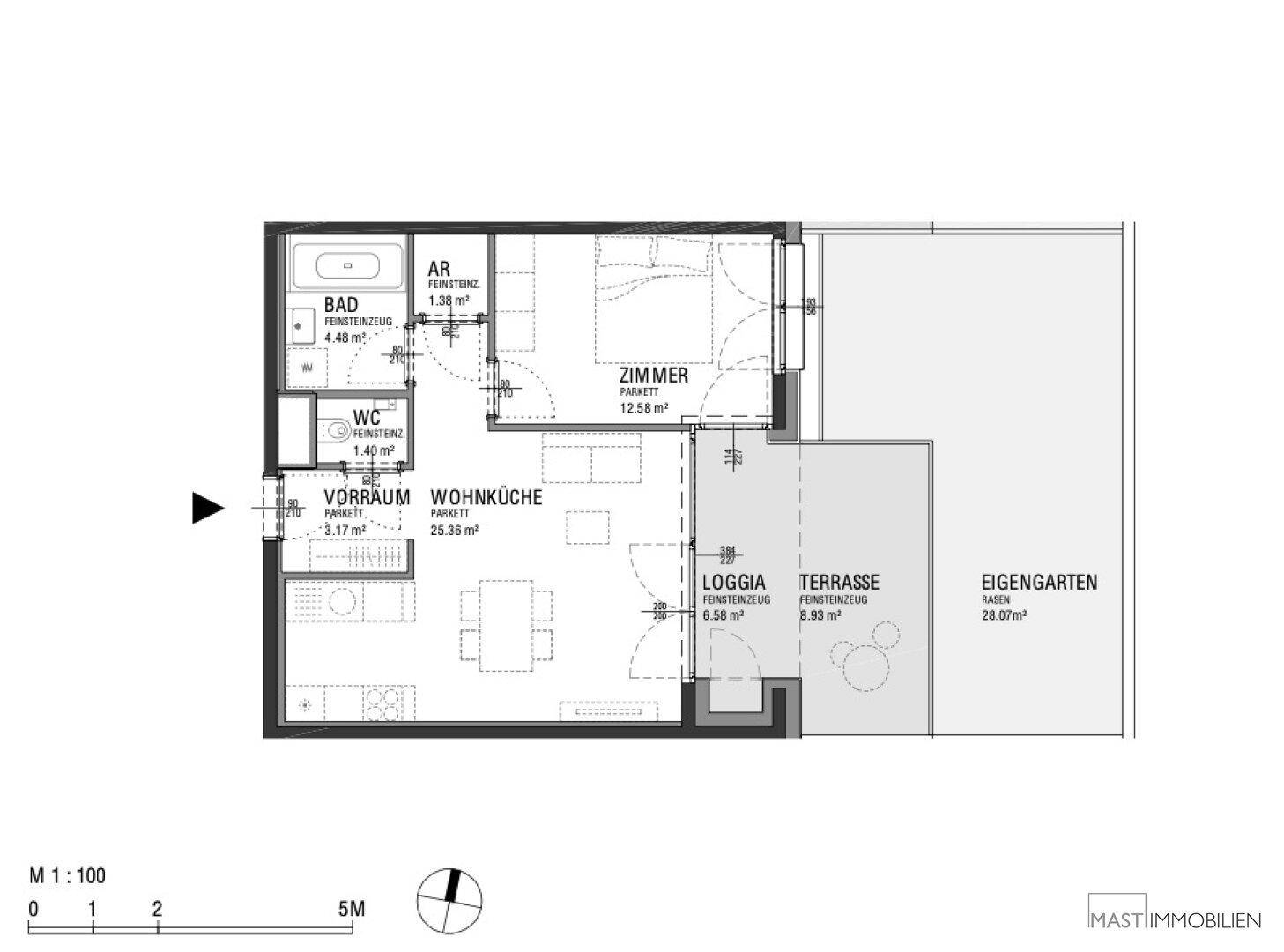 Grundriss einer Wohnung mit offener Wohnküche, Schlafzimmer, Bad, WC, Loggia, Terrasse und Eigengarten.