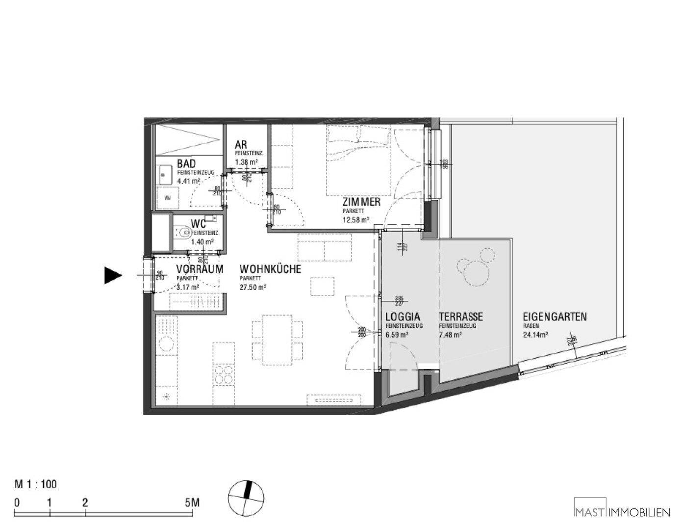 Detaillierter Grundriss einer Wohnung mit Wohnküche, Schlafzimmer, Loggia, Terrasse und Eigengarten.