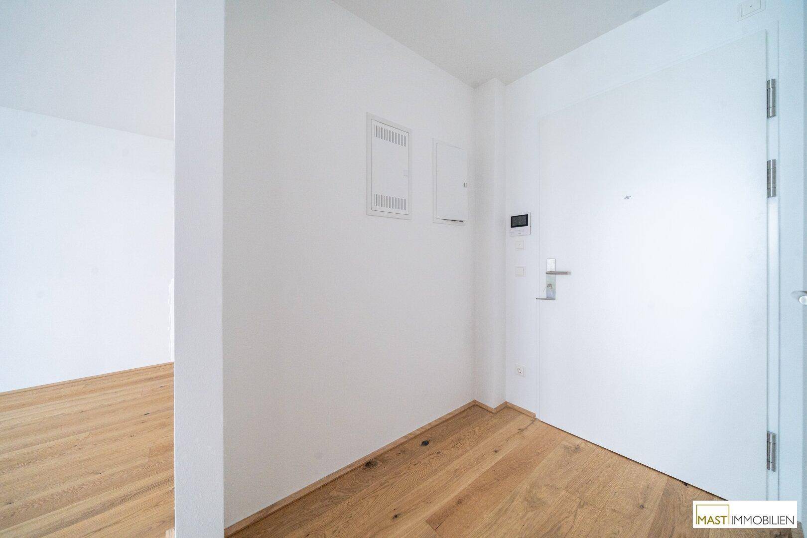 Eingangsbereich mit heller Holzboden und moderner weißer Wohnungstür.
