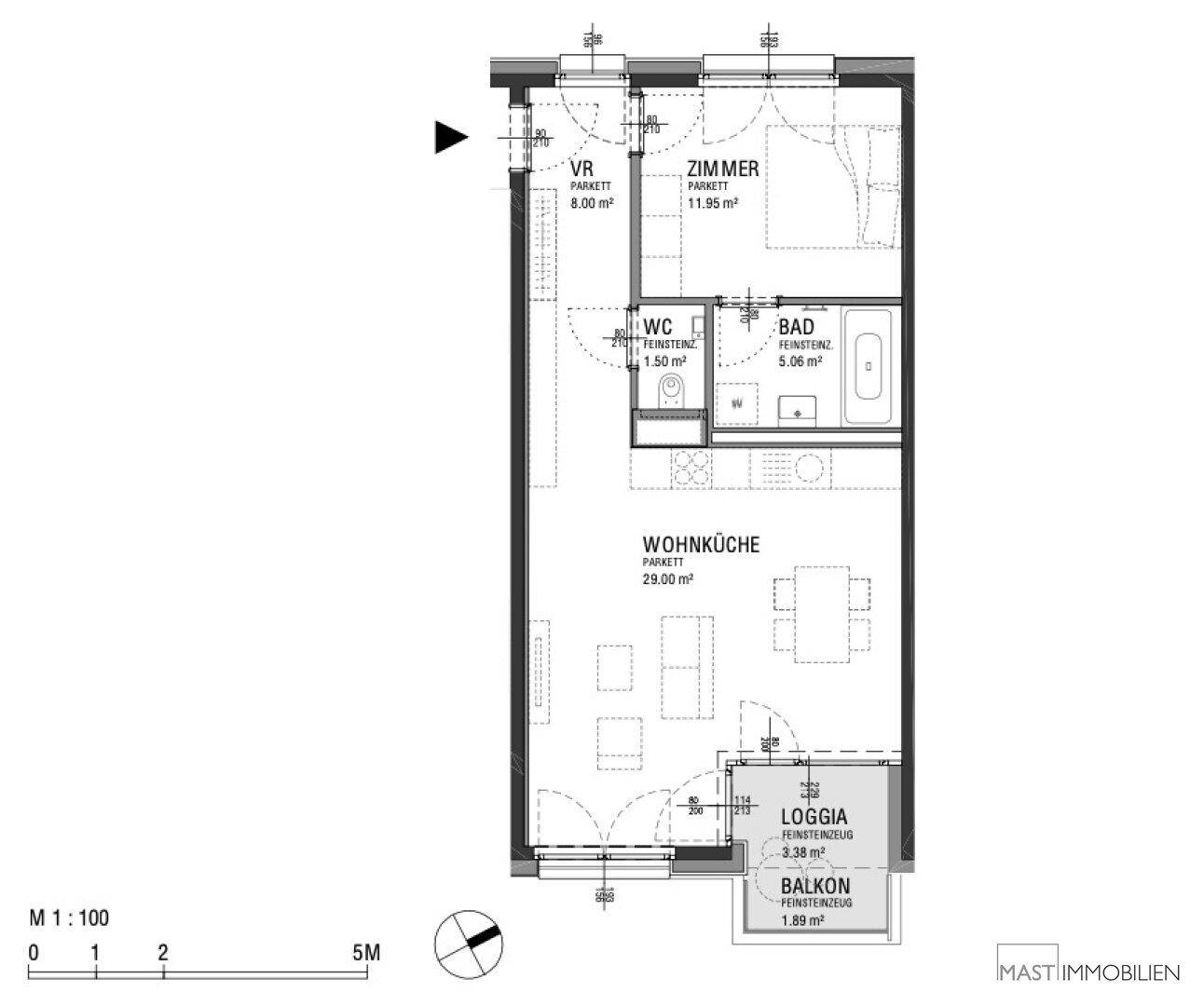 Detaillierter Grundriss der Wohnung mit Wohnküche, Schlafzimmer, Bad, WC, Loggia und Balkon.