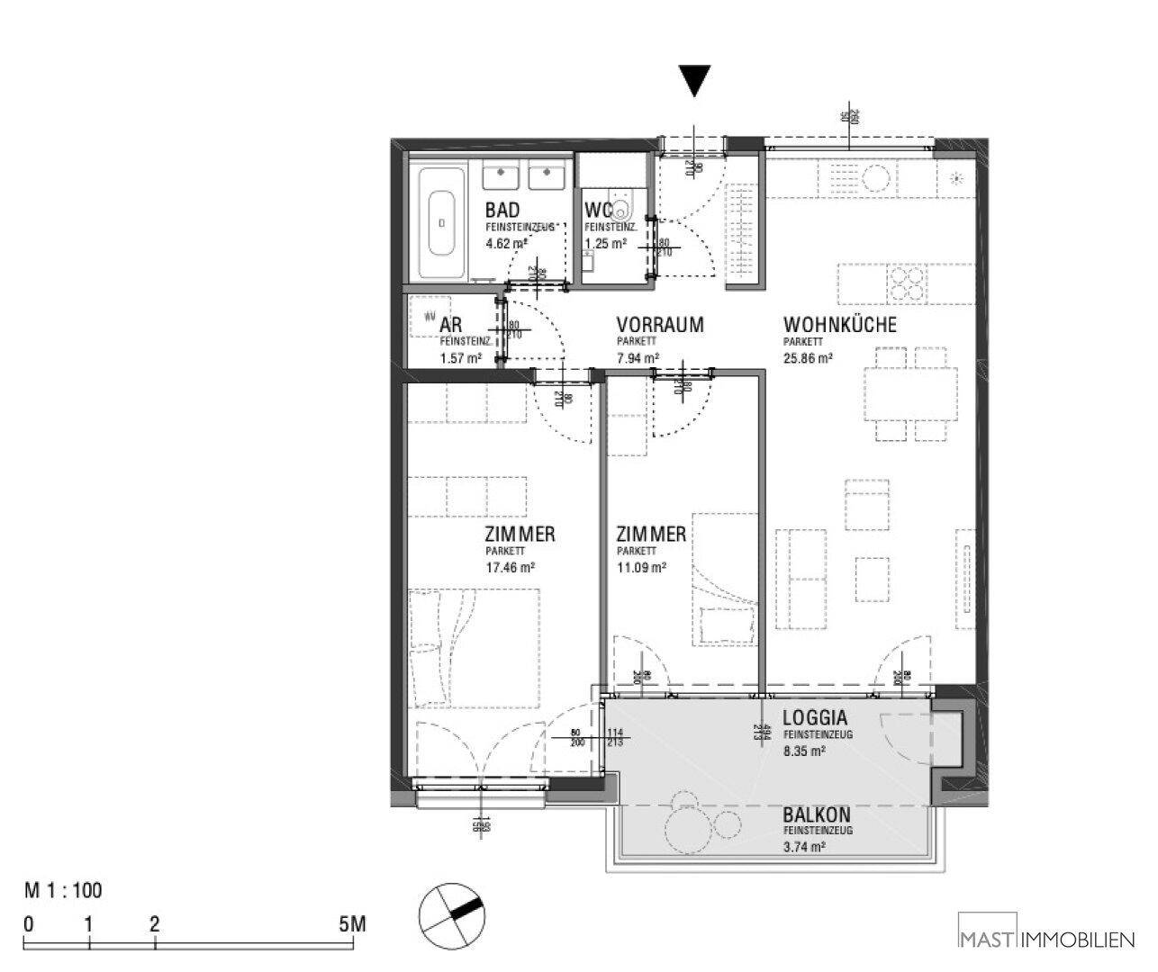 Detaillierter Grundriss einer Wohnung mit Wohnküche, zwei Zimmern, Bad, WC und Loggia.