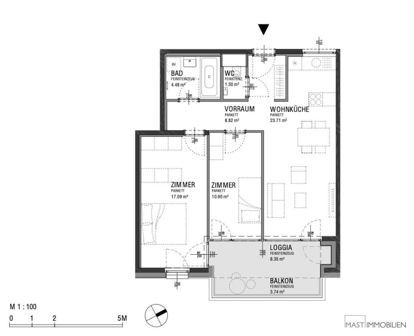 Grundriss einer Wohnung mit Wohnküche, zwei Zimmern, Bad, WC und Loggia.