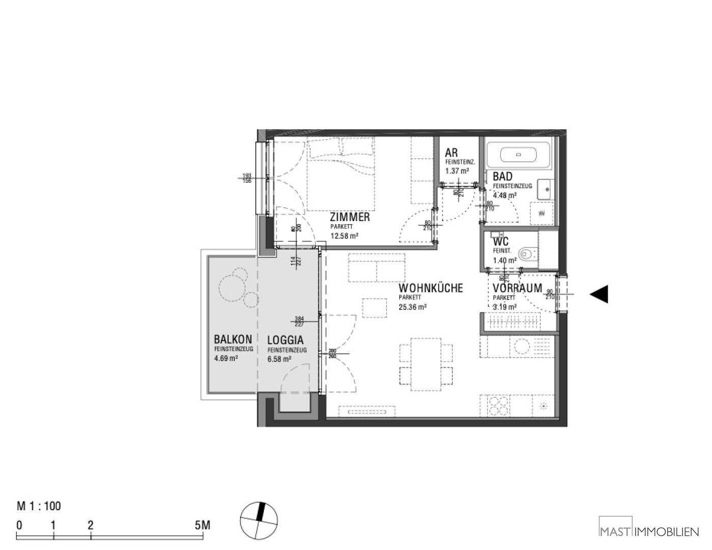 Grundriss einer Wohnung mit Wohnküche, Schlafzimmer, Bad, WC, Abstellraum, Balkon und Loggia.