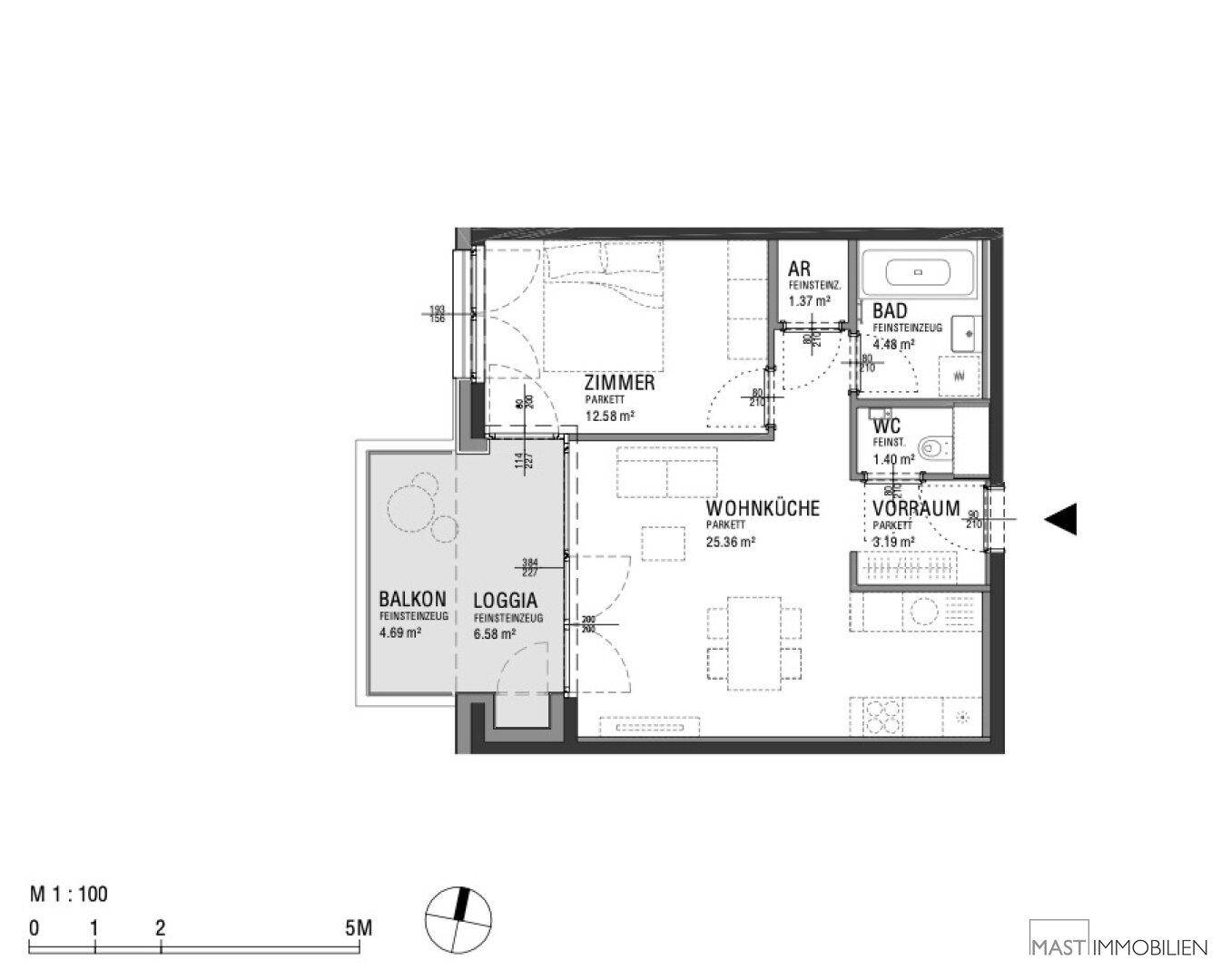 Detaillierter Grundriss einer Wohnung mit Balkon, Loggia, Schlafzimmer, Wohnküche und Bad.