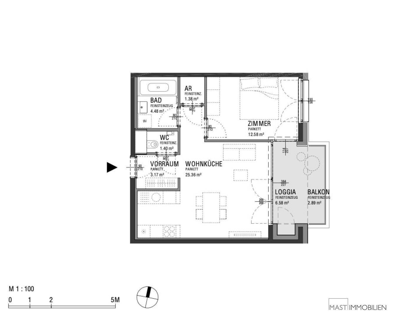 Detaillierter Grundriss einer Wohnung mit Wohnküche, Schlafzimmer, Bad, WC, Loggia und Balkon.