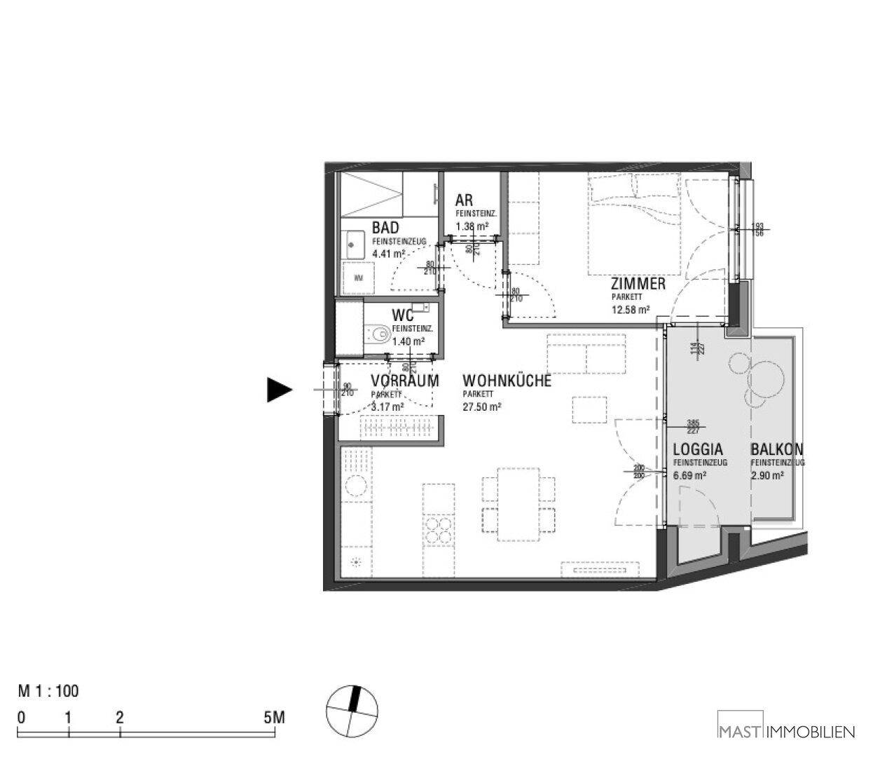 Grundriss einer Wohnung mit Wohnküche, Schlafzimmer, Bad, WC, Loggia und Balkon.