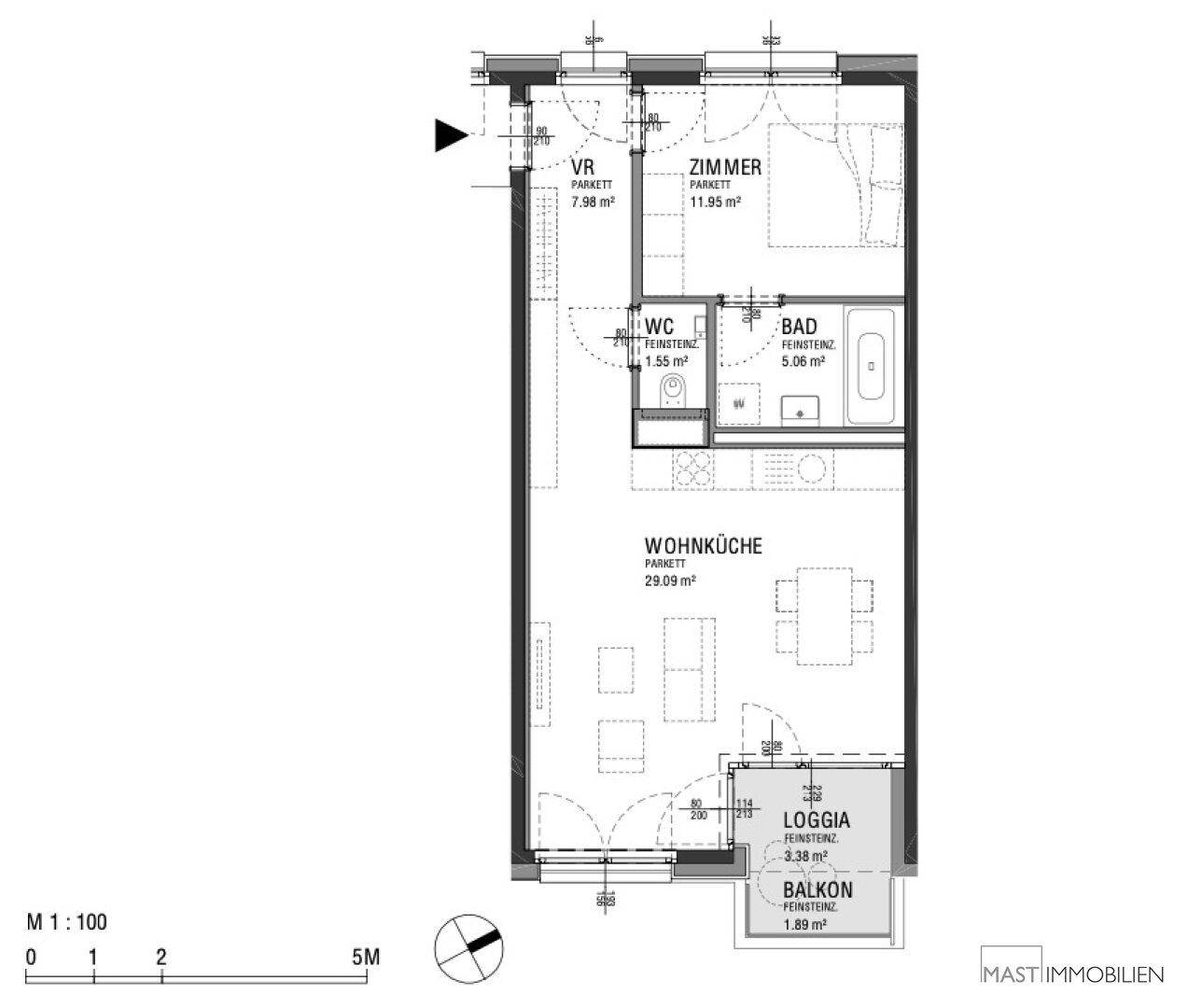 Grundriss einer Wohnung mit Wohnküche, Schlafzimmer, Bad, WC, Loggia und Balkon.