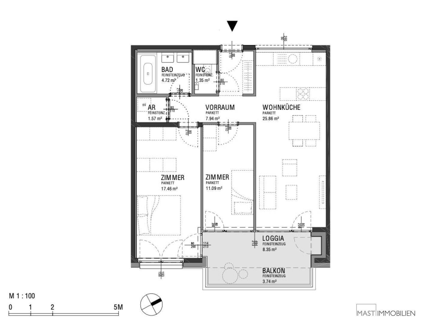Detaillierter Grundriss einer Wohnung mit zwei Zimmern, Wohnküche, Bad und Loggia.