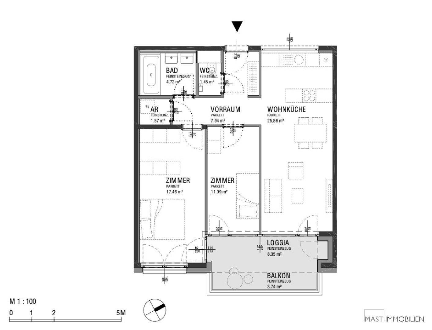 Grundriss einer Wohnung mit Wohnküche, zwei Zimmern, Bad, WC und Loggia/Balkon.
