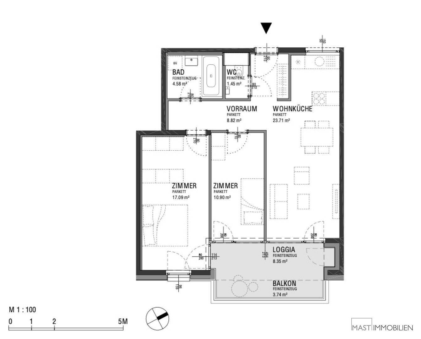 Grundrissplan einer Wohnung mit Wohnküche, zwei Zimmern, Bad, WC, Loggia und Balkon.