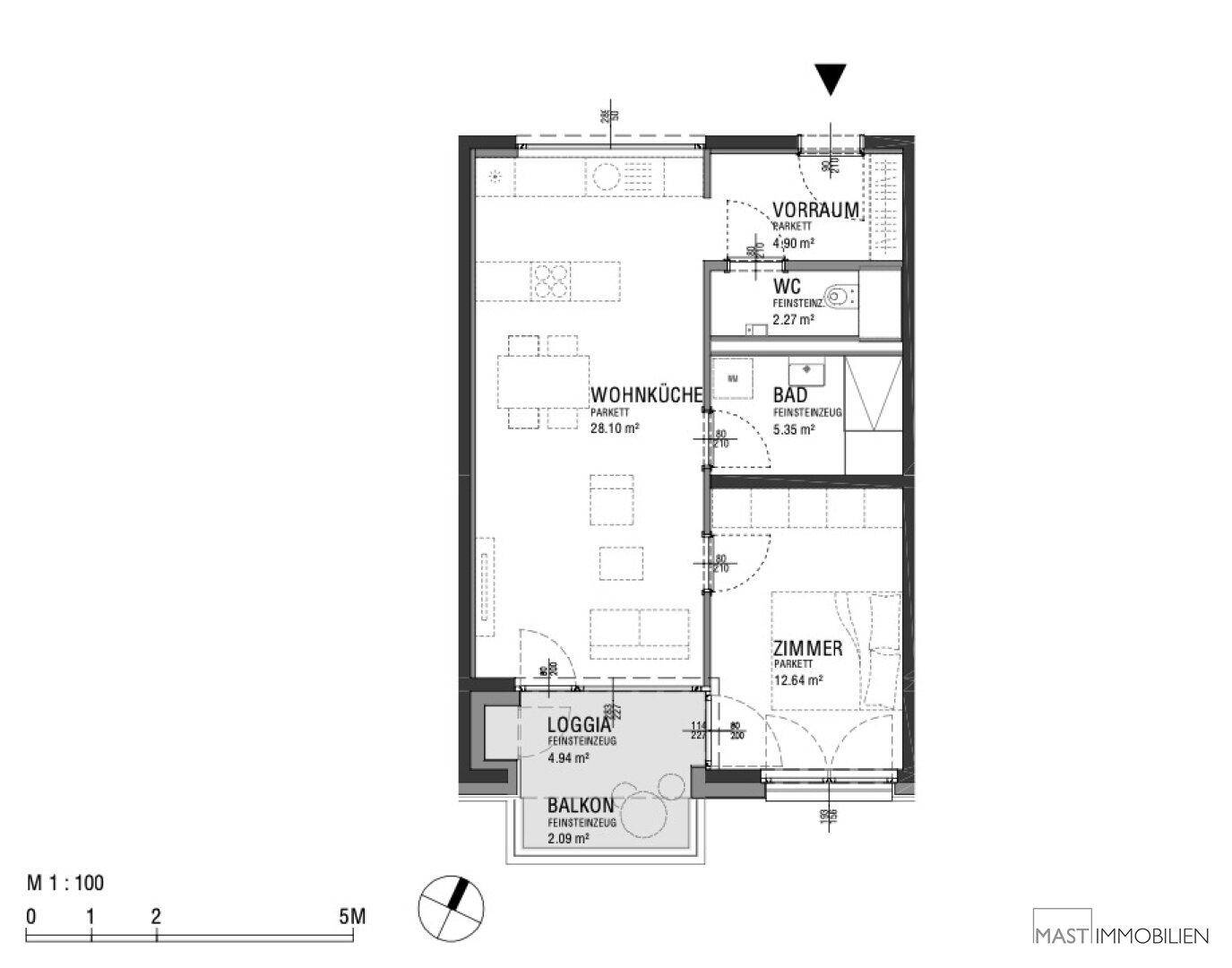 Grundriss einer Wohnung mit Wohnküche, Schlafzimmer, Bad, WC, Loggia und Balkon.