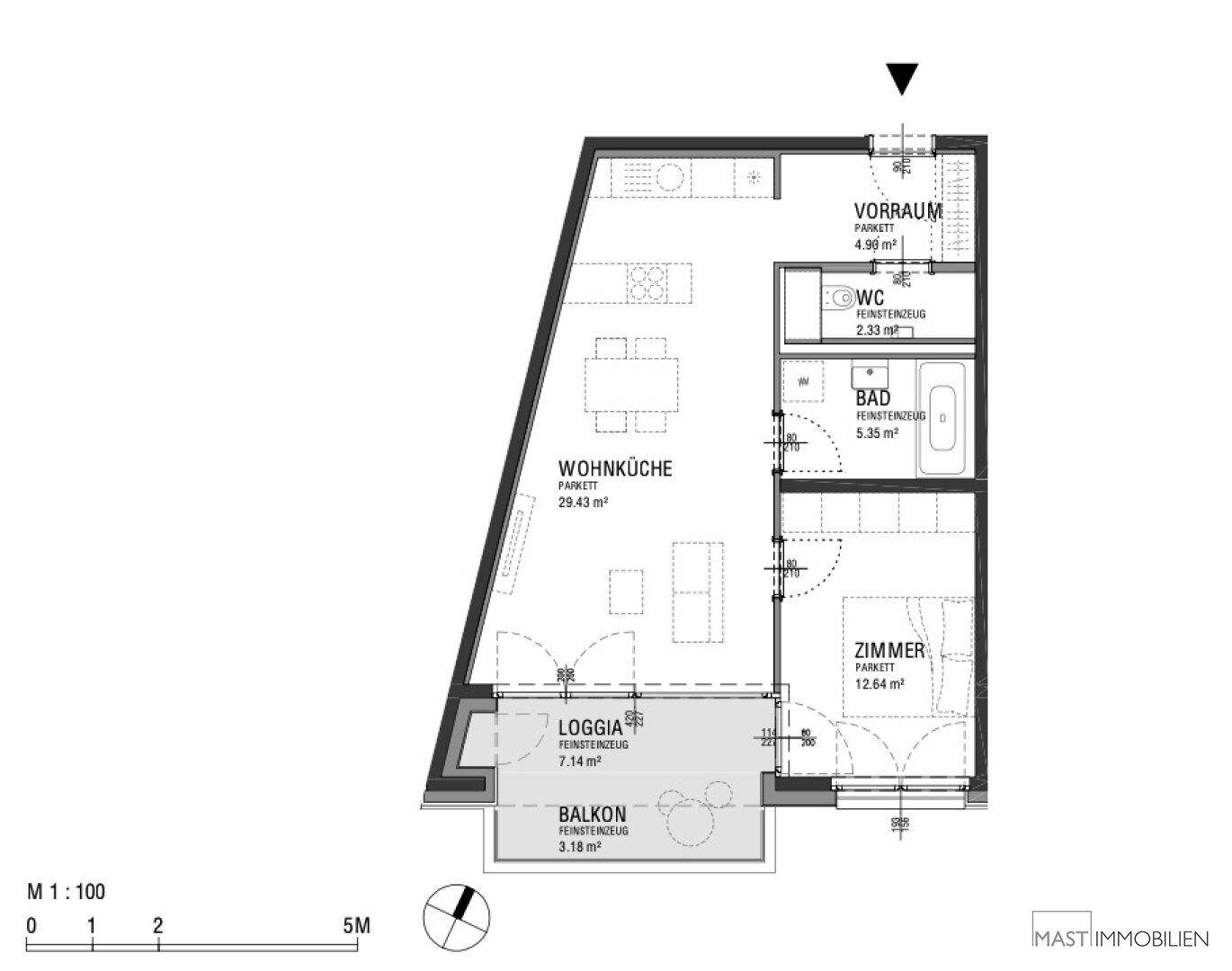 Grundriss einer Wohnung mit Wohnküche, Loggia, Balkon und separatem Bad und WC.