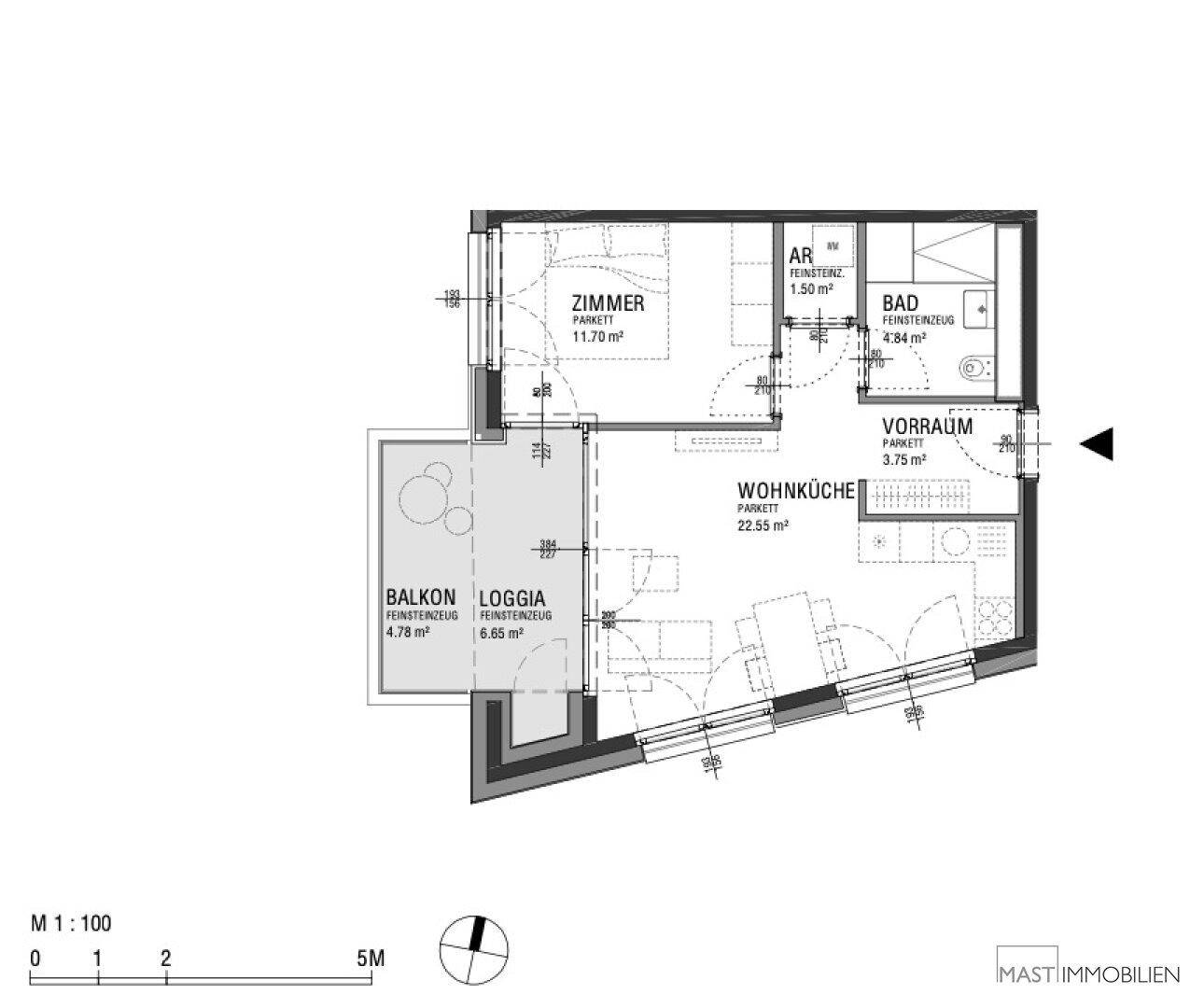 Grundriss einer Wohnung mit Balkon und Loggia, zeigt Zimmer, Wohnküche und Bad.