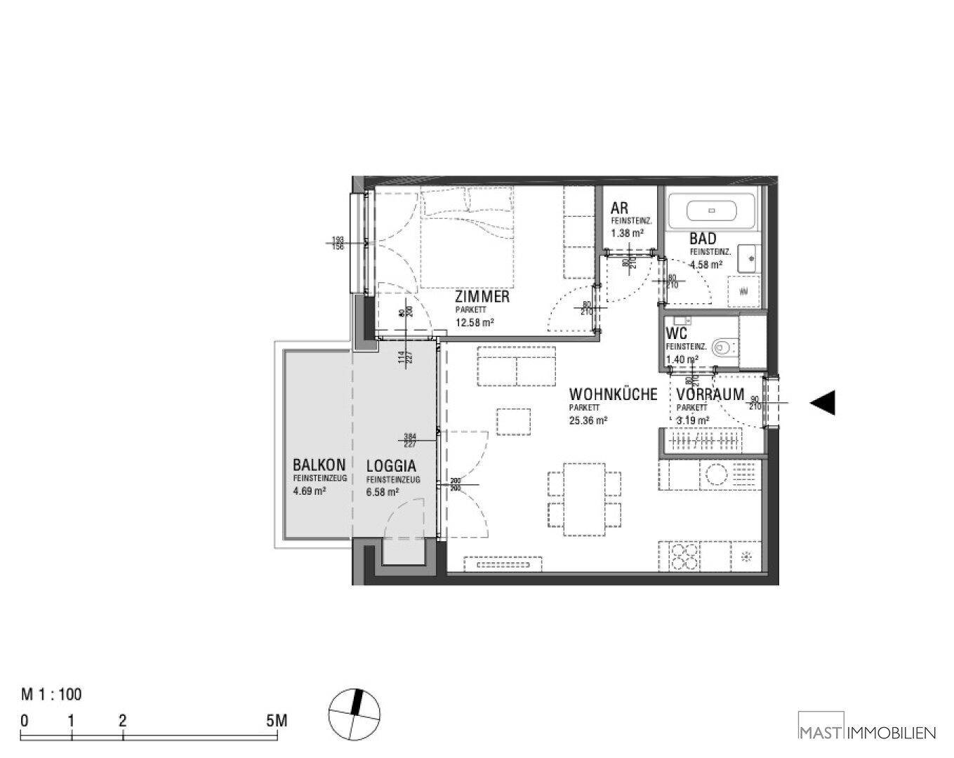Grundriss einer Wohnung mit einem Zimmer, Wohnküche, Bad, WC, Balkon und Loggia.