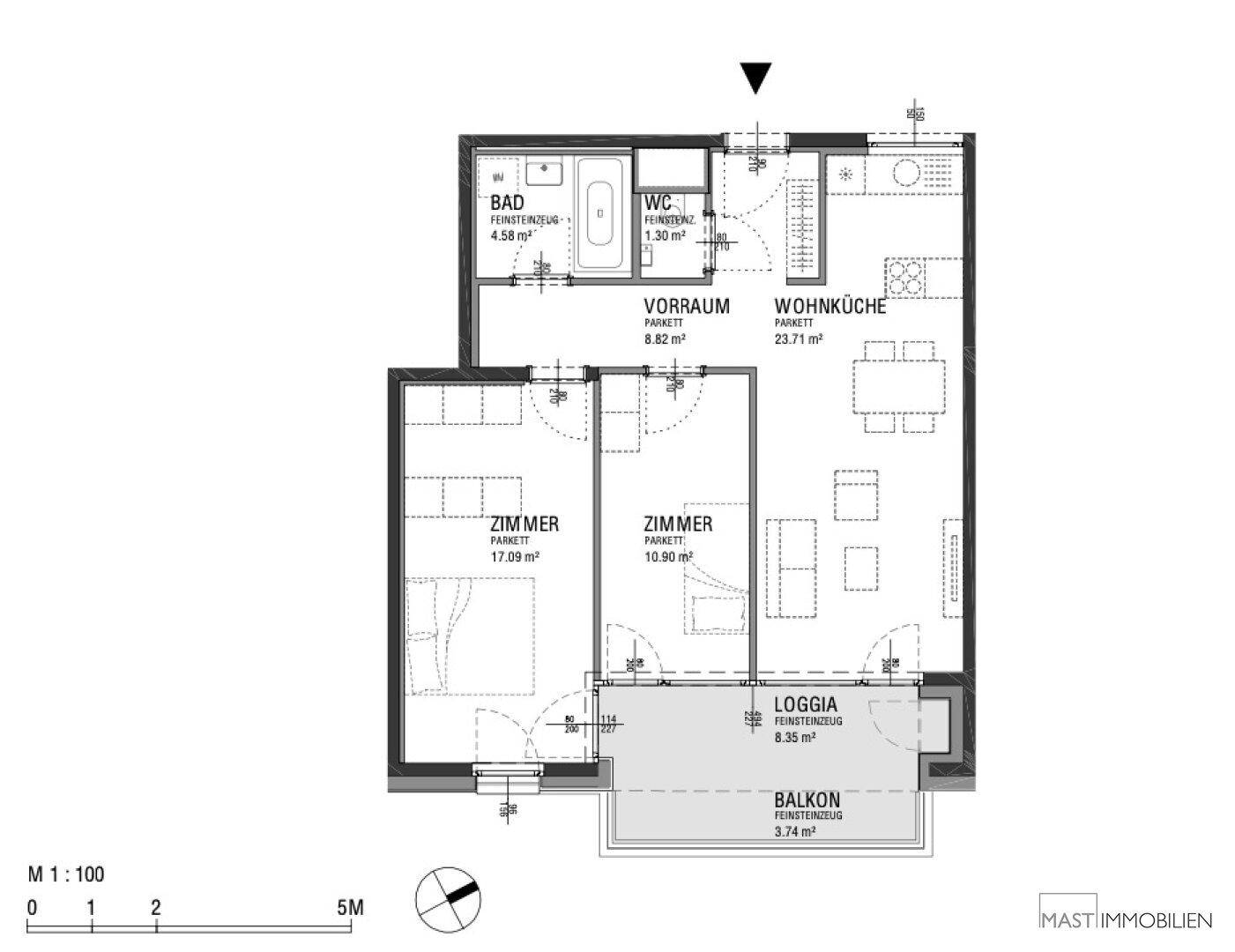 Detaillierter Grundriss einer Wohnung mit Wohnküche, zwei Zimmern, Bad, WC, Loggia und Balkon.