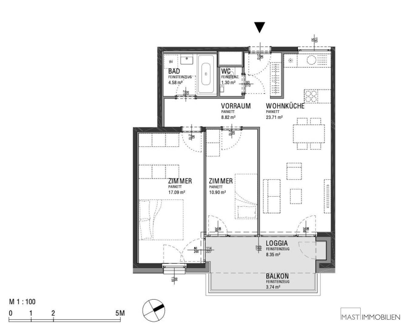 Detaillierter Grundriss einer Wohnung mit zwei Schlafzimmern, Wohnküche, Bad und Balkon.