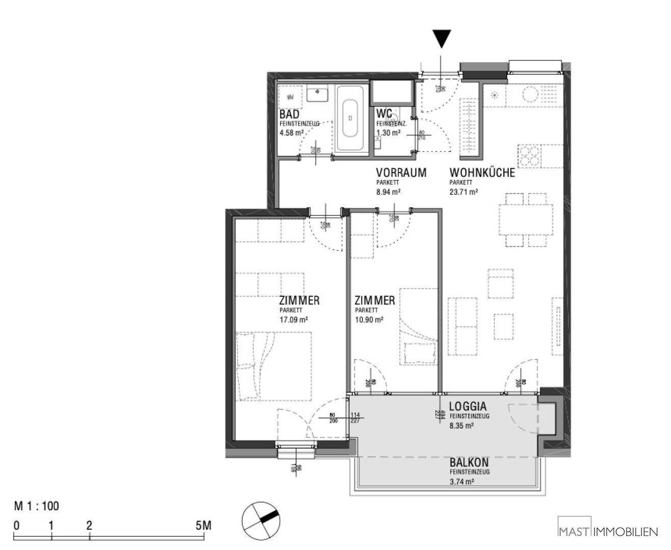 Detaillierter Grundriss der Wohnung mit Zimmern, Wohnküche, Bad, WC, Loggia und Balkon.