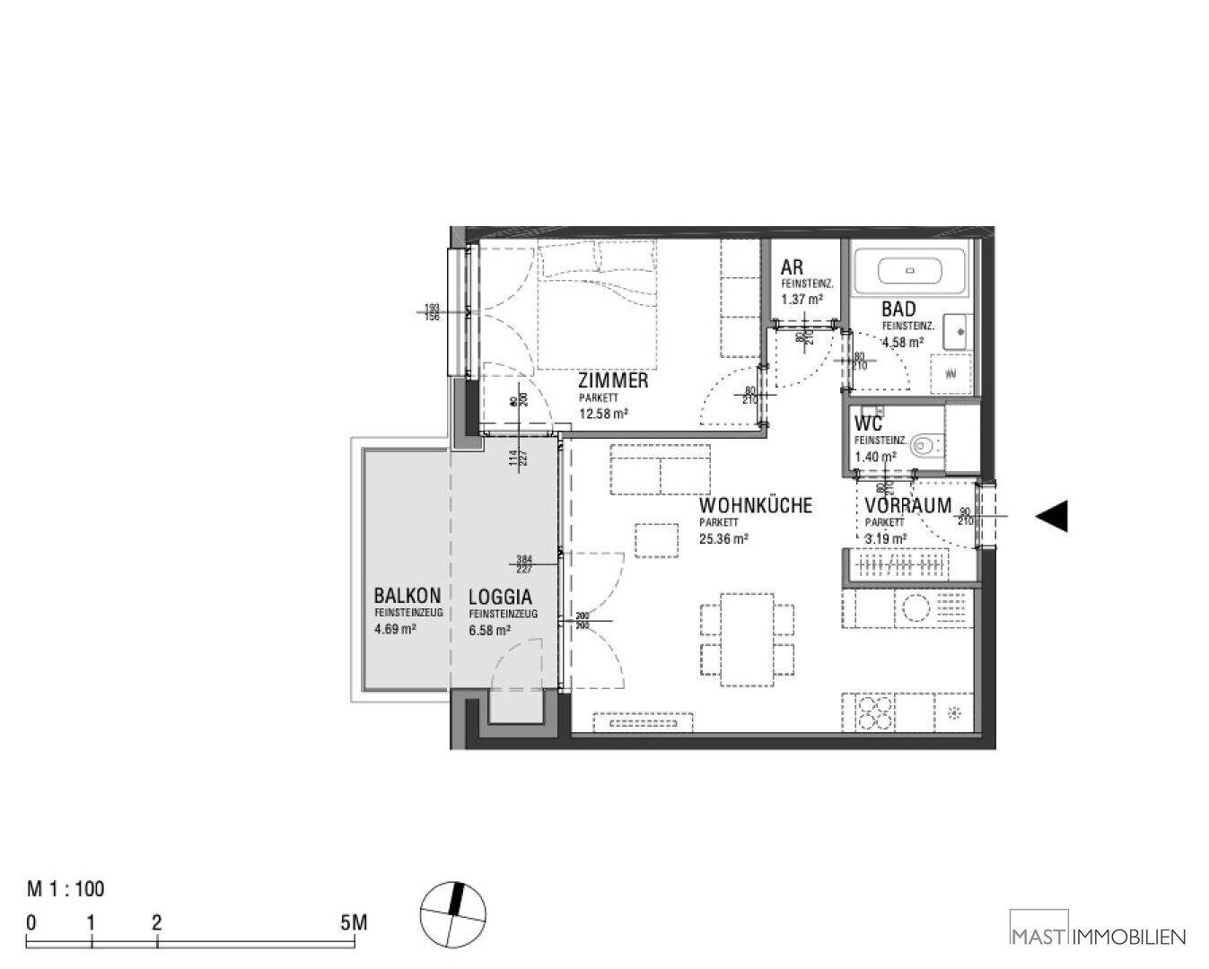 Detaillierter Grundriss einer Wohnung mit Schlafzimmer, Wohnküche, Bad und Balkon/Loggia.