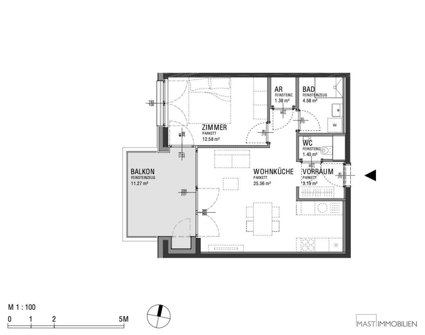 Grundriss einer Wohnung mit einem Schlafzimmer, offener Wohnküche und Balkon.