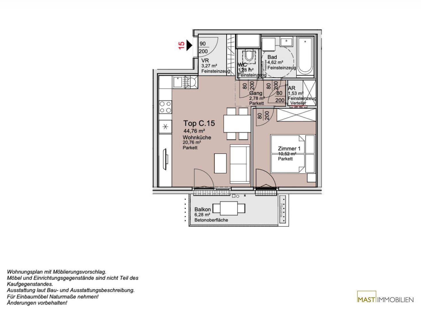 Detaillierter Grundriss der Wohnung Top C.15 mit Möblierungsvorschlag und Balkon.