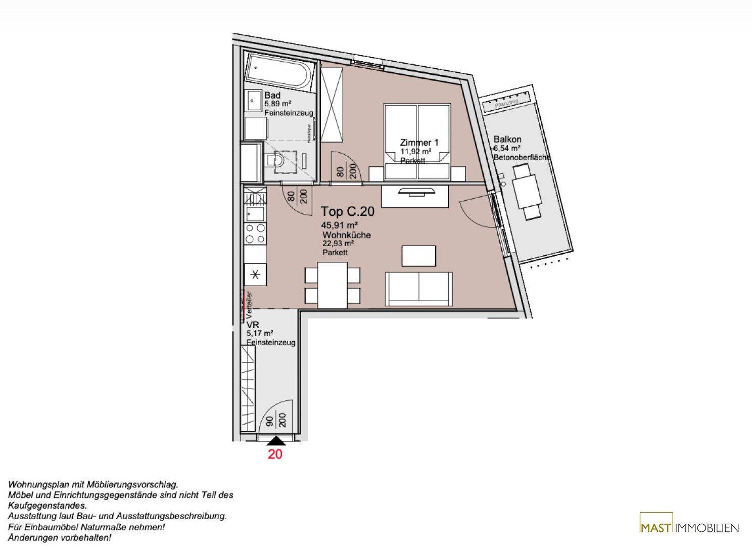 Grundriss einer Wohnung mit Wohnküche, Schlafzimmer, Bad und Balkon, inklusive Möblierungsvorschlag.