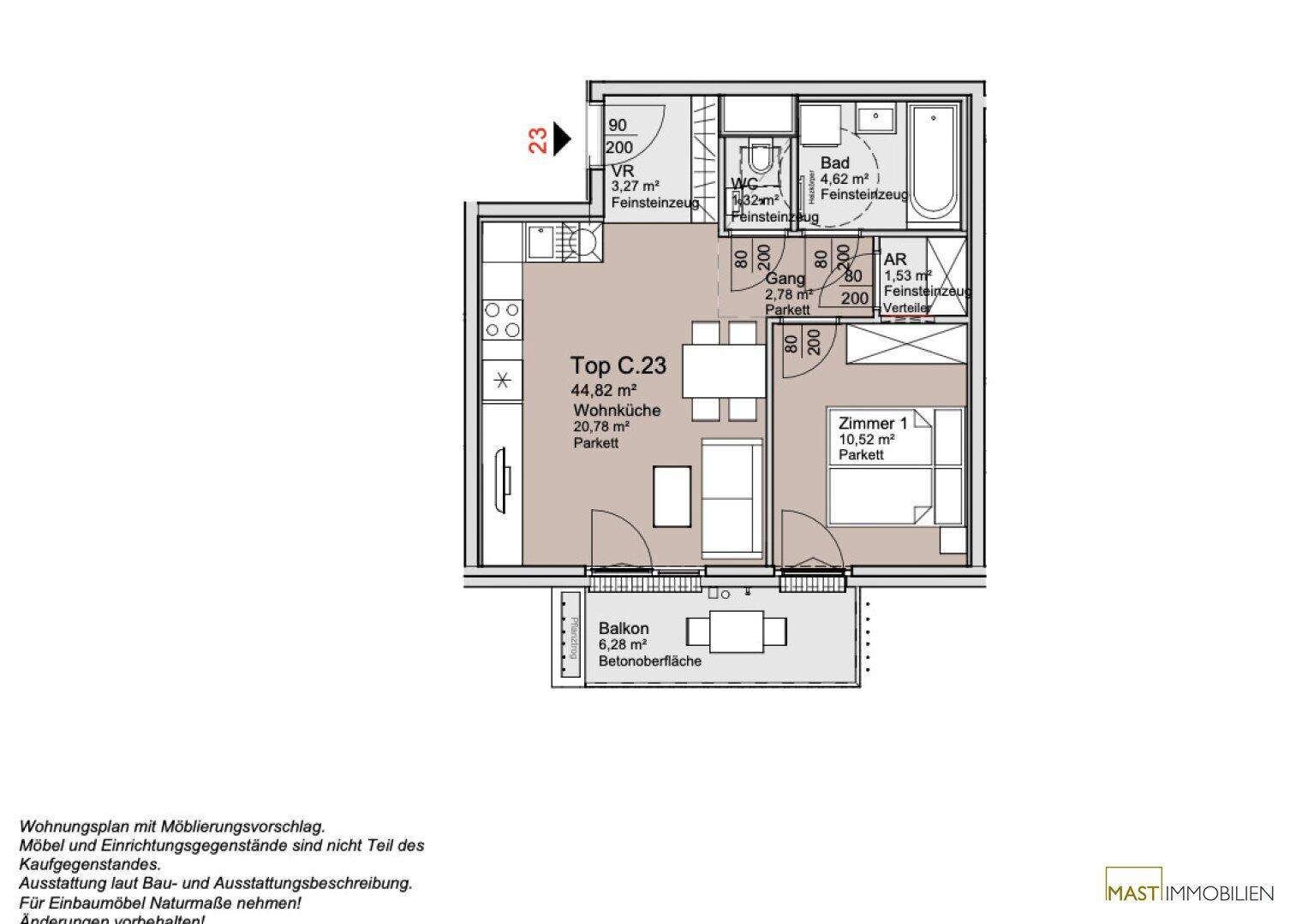 Detaillierter Grundriss einer Wohnung mit Wohnküche, Schlafzimmer und Balkon.