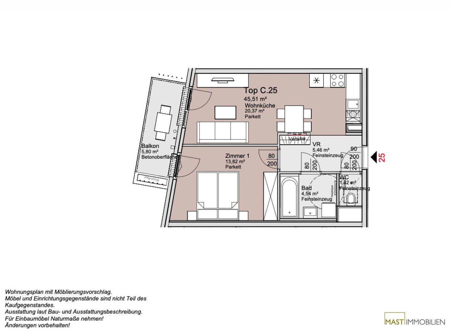 Grundriss der Wohnung Top C.25 mit offener Wohnküche, Schlafzimmer und Balkon.