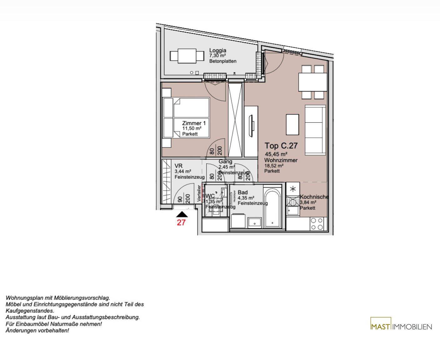Detaillierter Grundriss einer Wohnung mit Loggia, Schlafzimmer und offenem Wohnbereich.