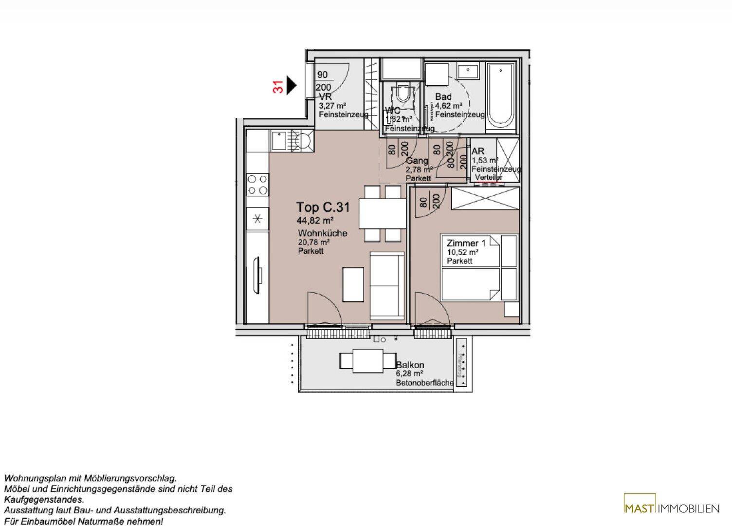 Detaillierter Grundriss einer Wohnung mit Wohnküche, Schlafzimmer und Balkon.