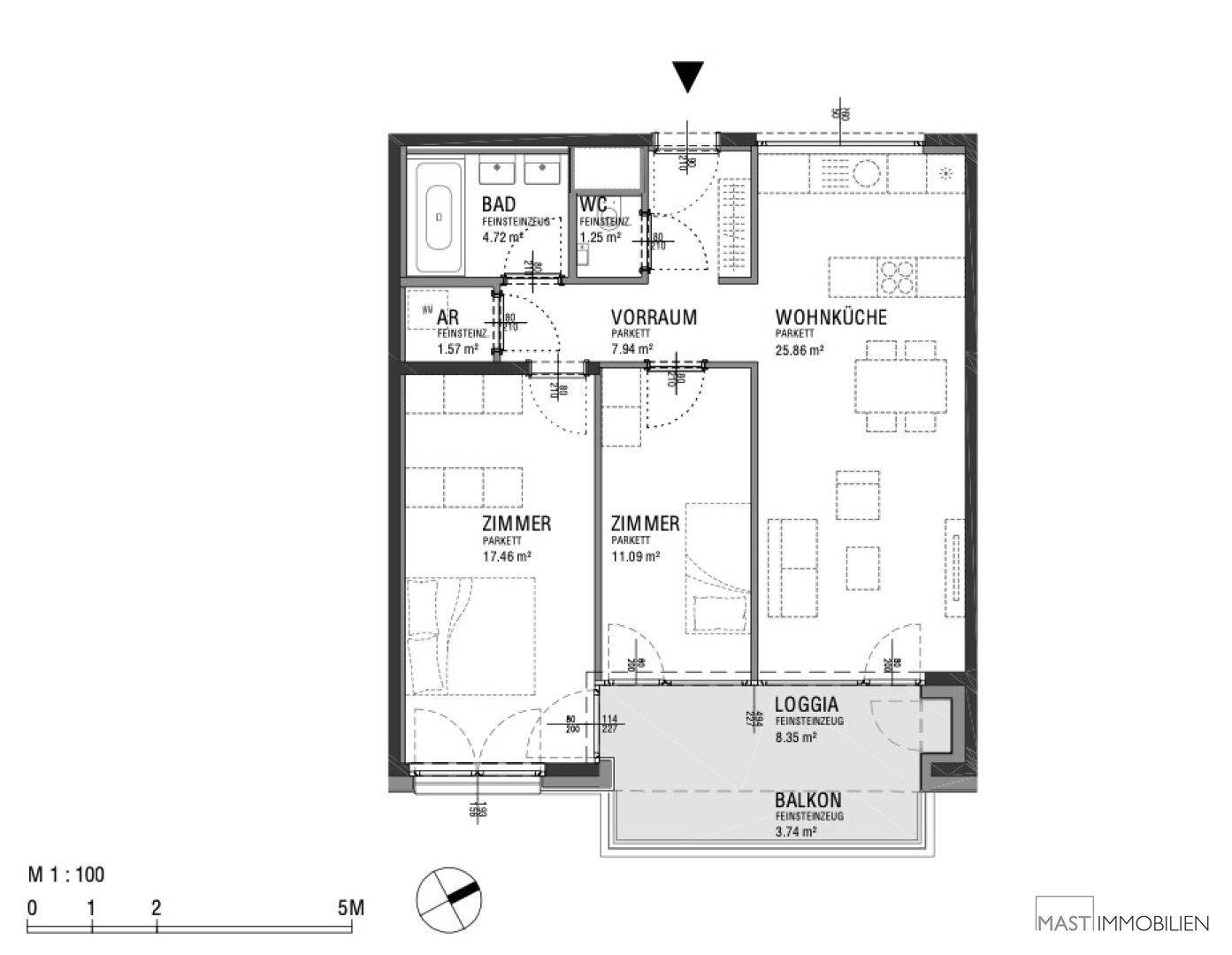 Detaillierter Grundriss einer Wohnung mit Wohnküche, zwei Zimmern, Bad und Loggia.