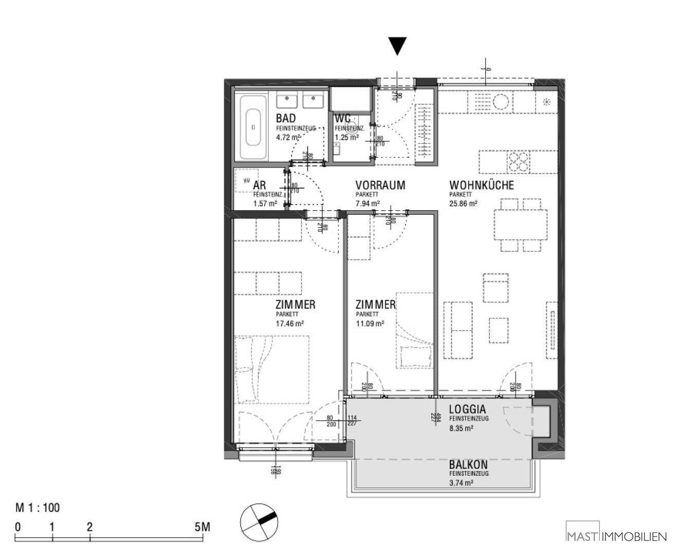 Detaillierter Grundriss einer Wohnung mit Wohnküche, zwei Zimmern, Bad, WC, Loggia und Balkon.