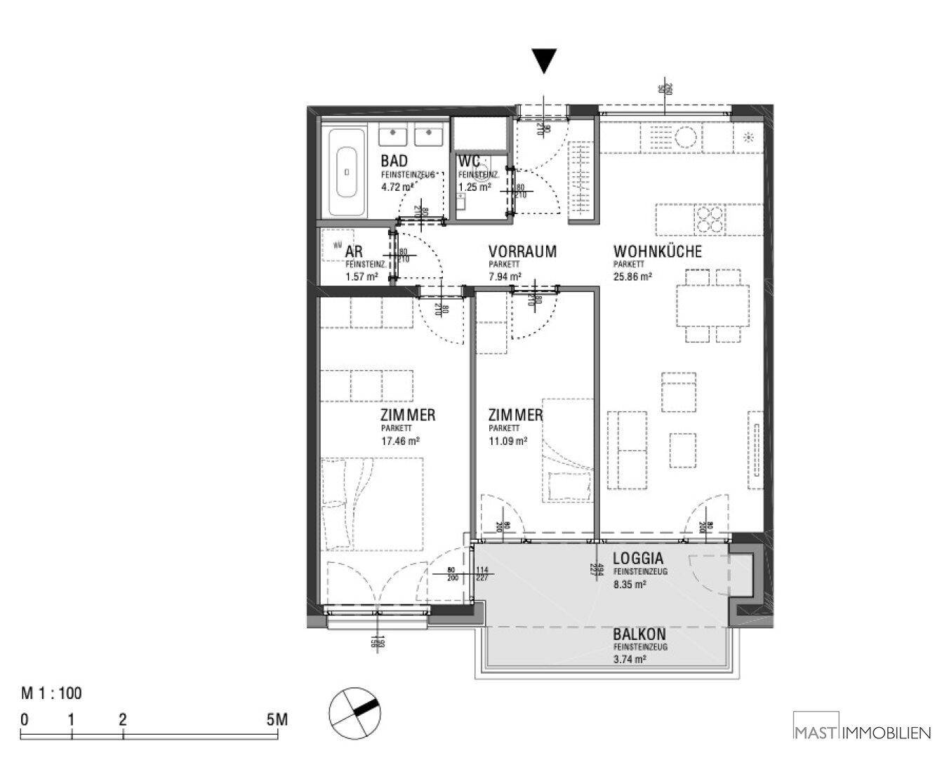 Detaillierter Grundriss einer Wohnung mit Wohnküche, zwei Zimmern und Balkon.