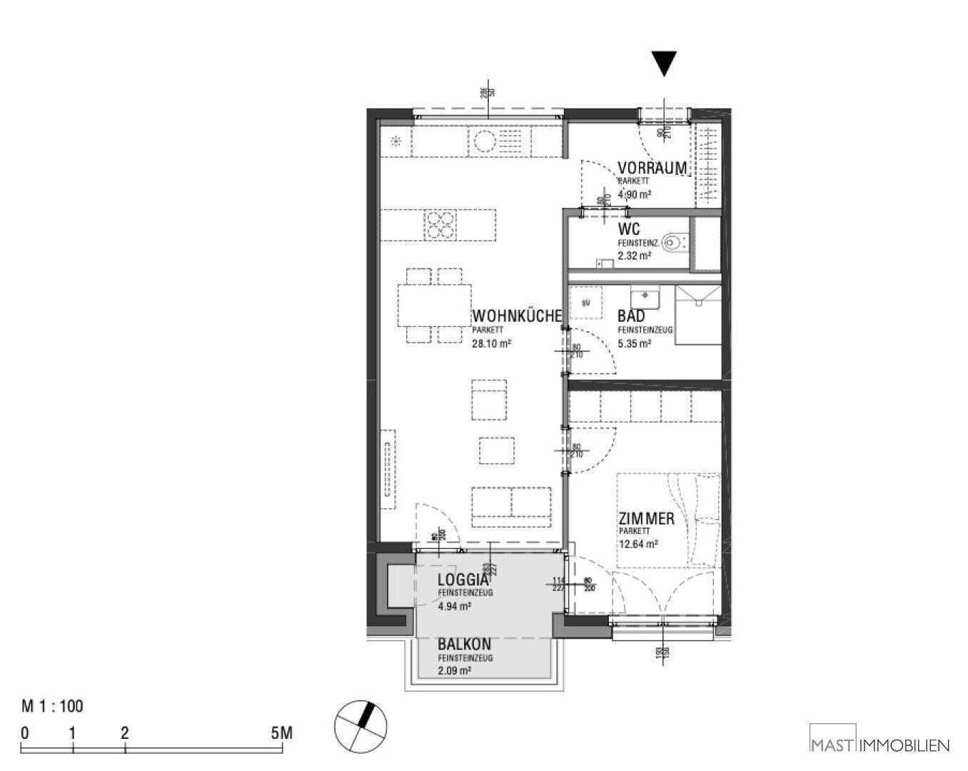 Detaillierter Grundriss einer Wohnung mit Wohnküche, Loggia und Balkon, inklusive Flächenangaben.
