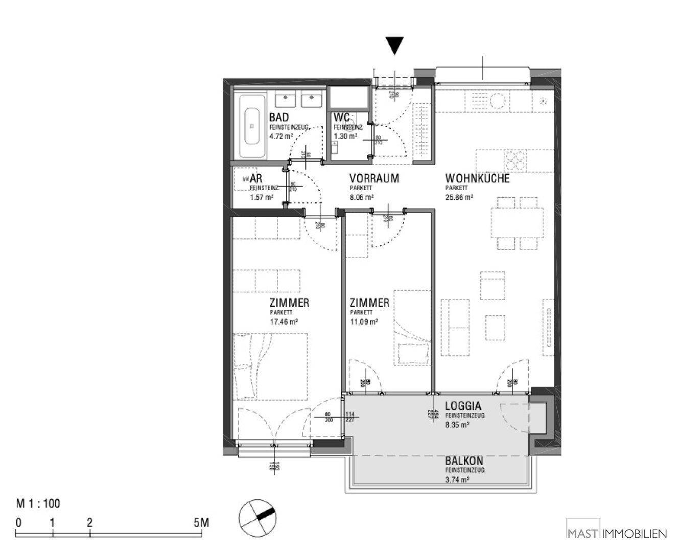Detaillierter Grundriss einer Wohnung mit Wohnküche, zwei Zimmern, Bad und Balkon.