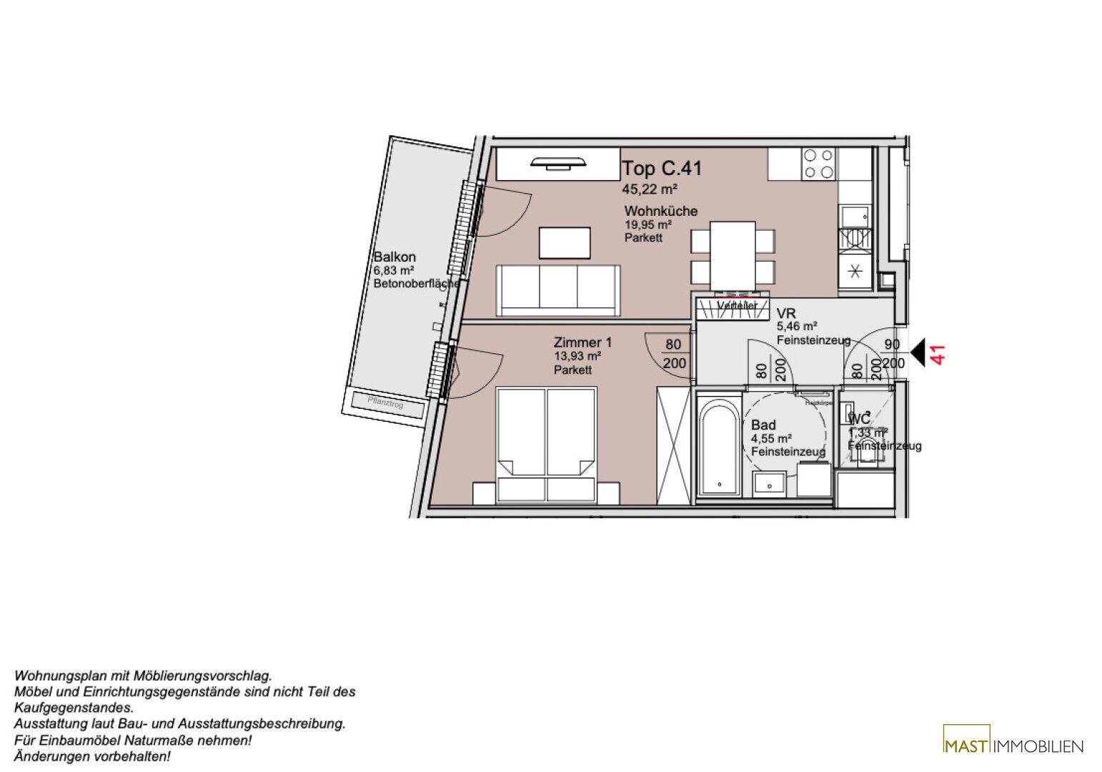 Grundrissplan mit Möblierungsvorschlag für eine Wohnung mit Balkon.