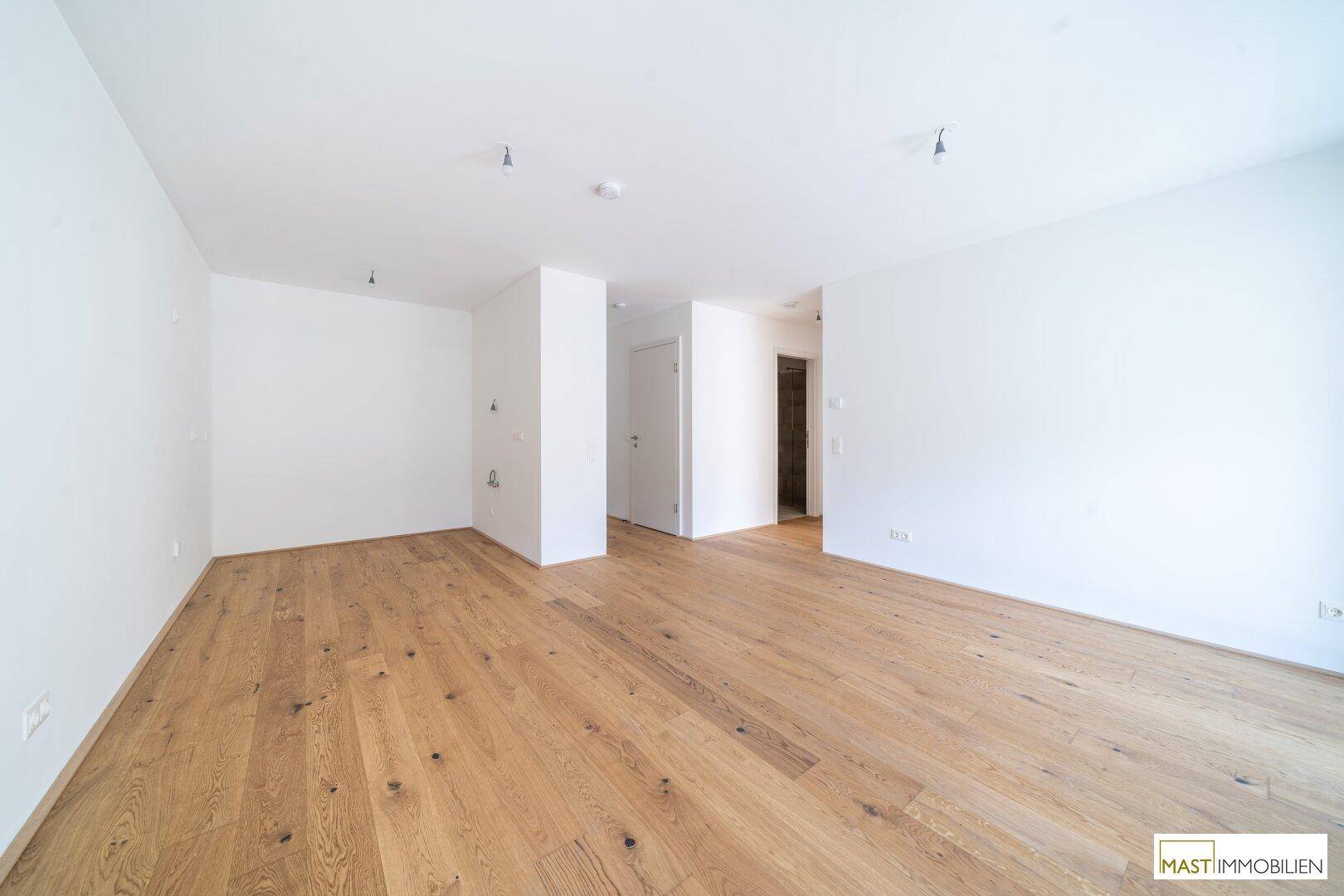 Heller Eingangsbereich mit Holzboden und Zugang zu weiteren Räumen.