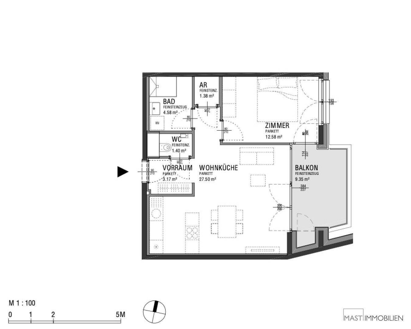 Grundriss einer Wohnung mit offener Wohnküche, Schlafzimmer, Bad und Balkon.