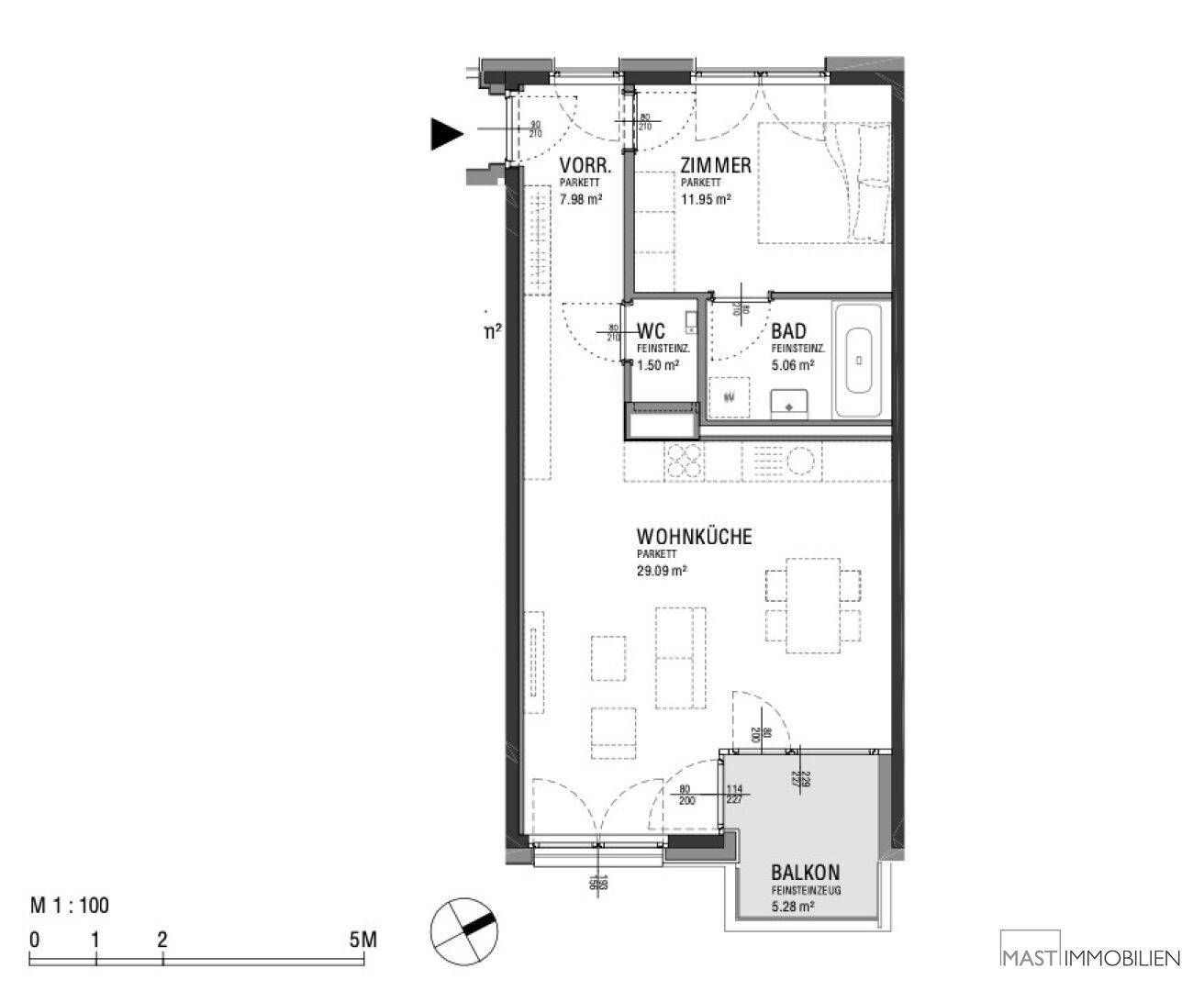 Grundriss einer Wohnung mit offener Wohnküche, Schlafzimmer, Bad und Balkon.
