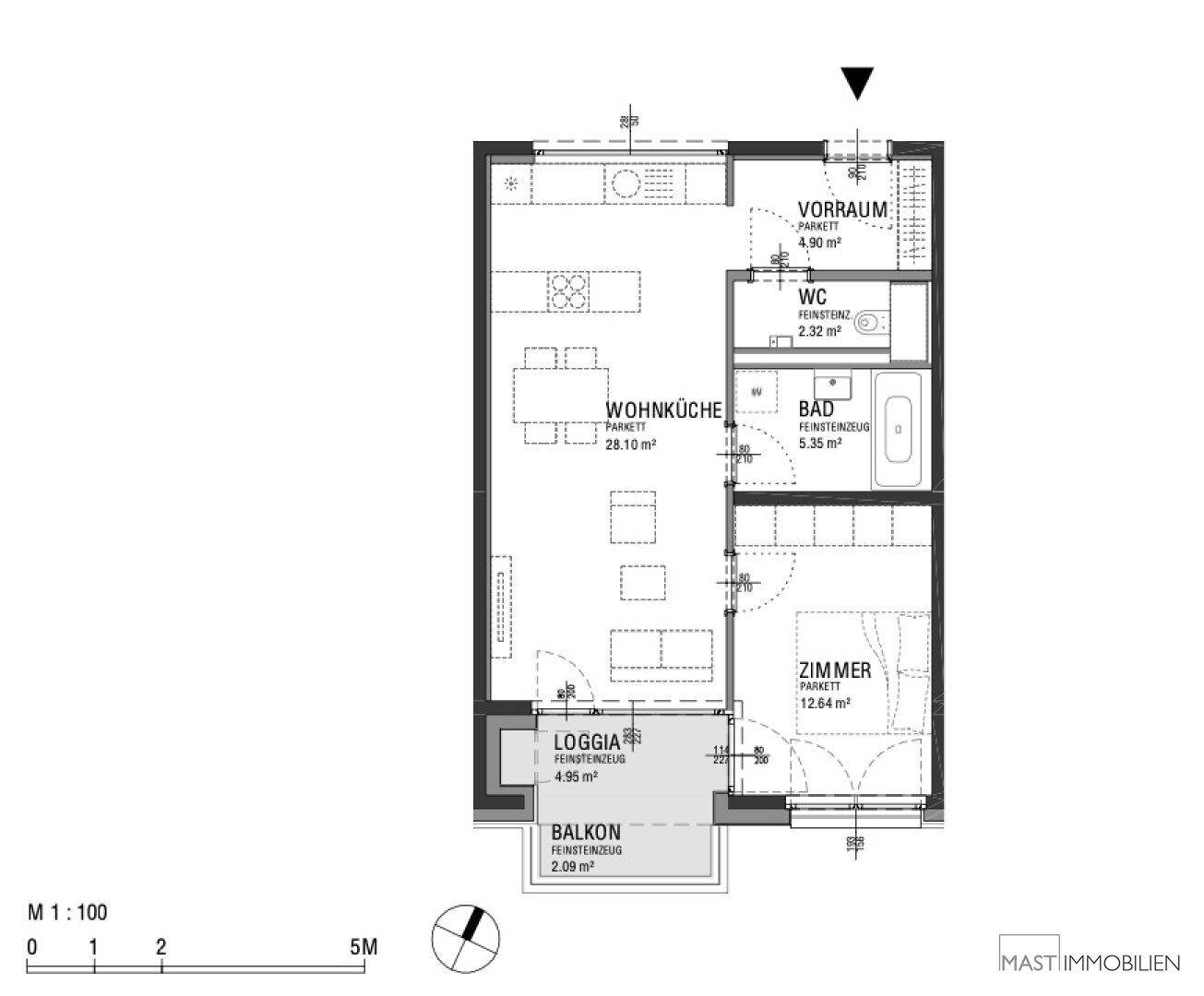 Detaillierter Grundriss einer Wohnung mit offener Wohnküche, Schlafzimmer, Bad und Balkon.