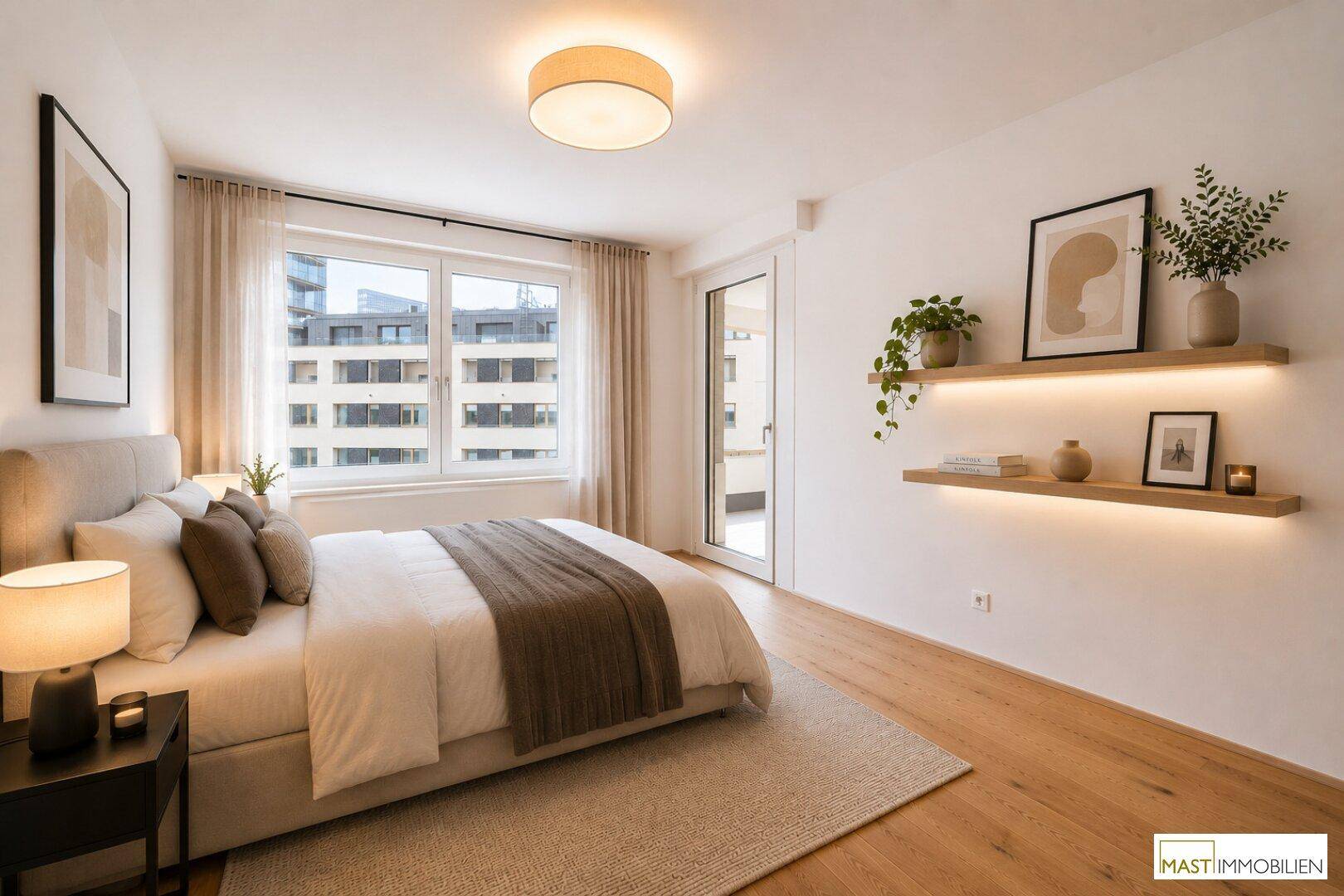 Modern eingerichtetes Schlafzimmer mit Holzboden, Doppelbett und dekorativen Regalen.