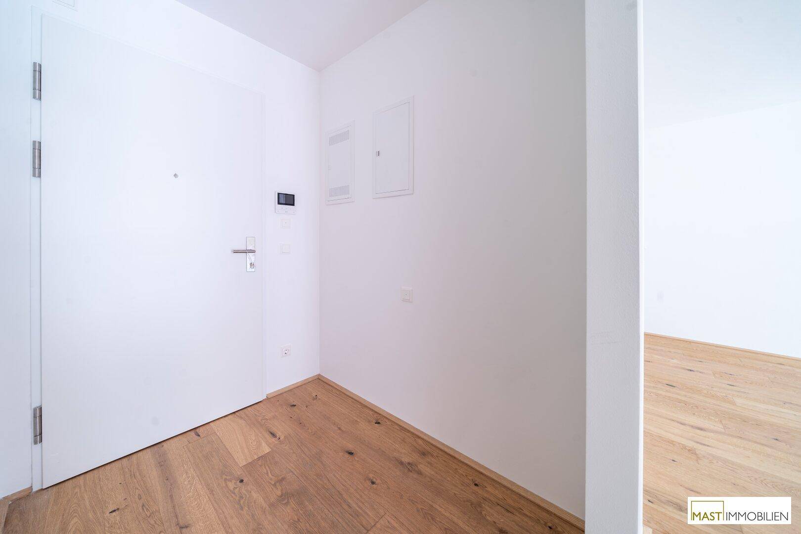 Eingangsbereich mit Holzboden und weißer Tür, minimalistisch gestaltet.