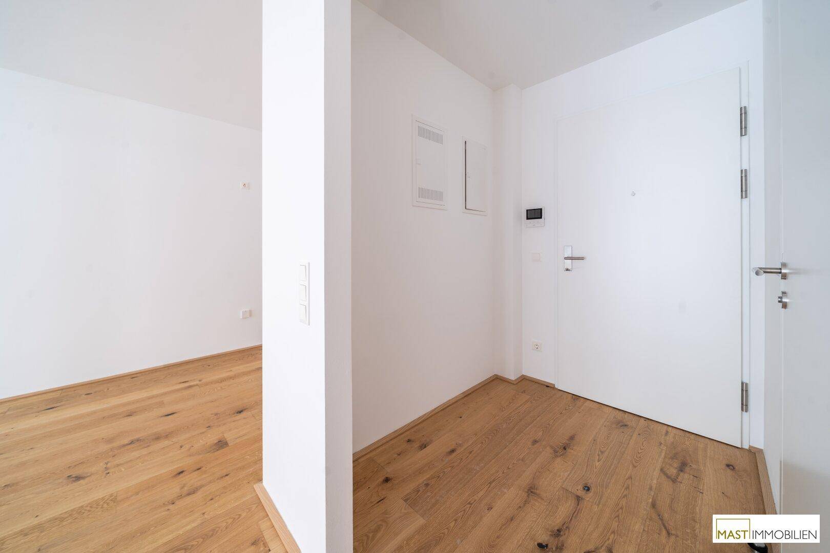 Heller Eingangsbereich mit Holzboden und weißer Tür, bietet einen modernen und einladenden Empfang.