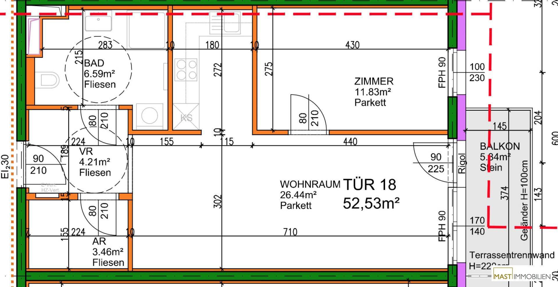 Detaillierter Grundriss einer Wohnung mit Wohnraum, Zimmern, Bad und Balkon.