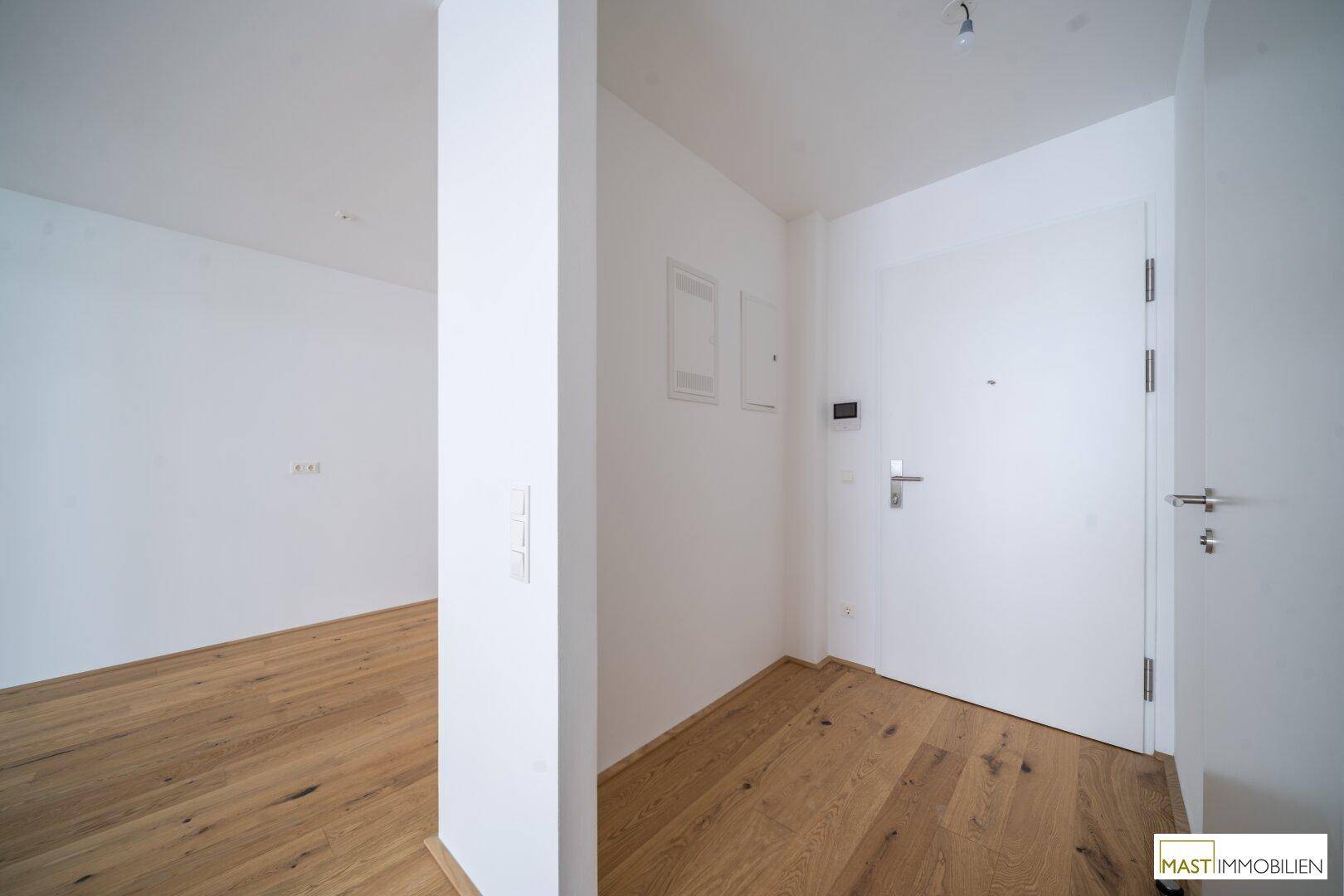 Heller Eingangsbereich mit Holzboden und moderner weißer Wohnungstür.