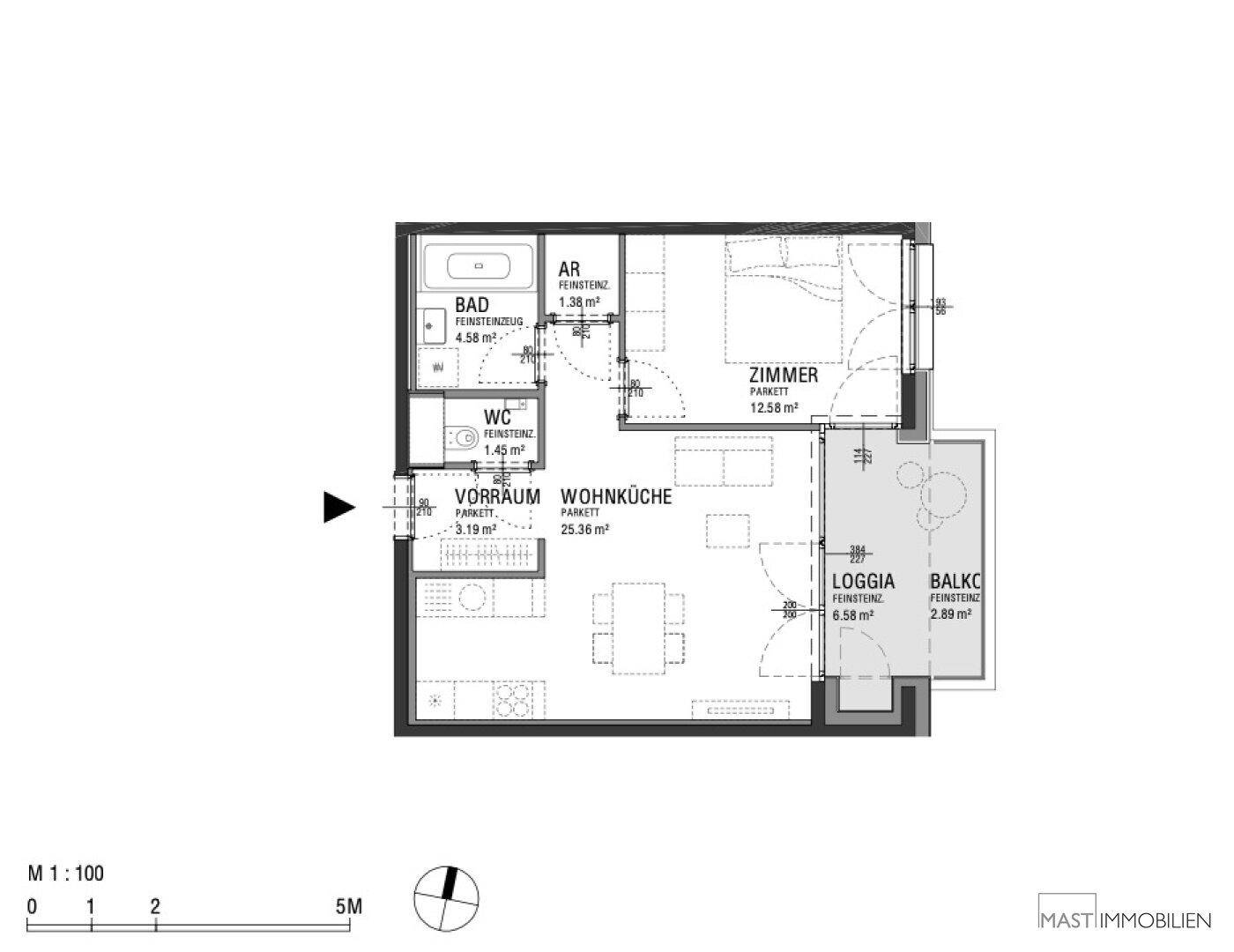Grundriss einer Wohnung mit Wohnküche, Schlafzimmer, Bad, WC, Vorraum, Loggia und Balkon.