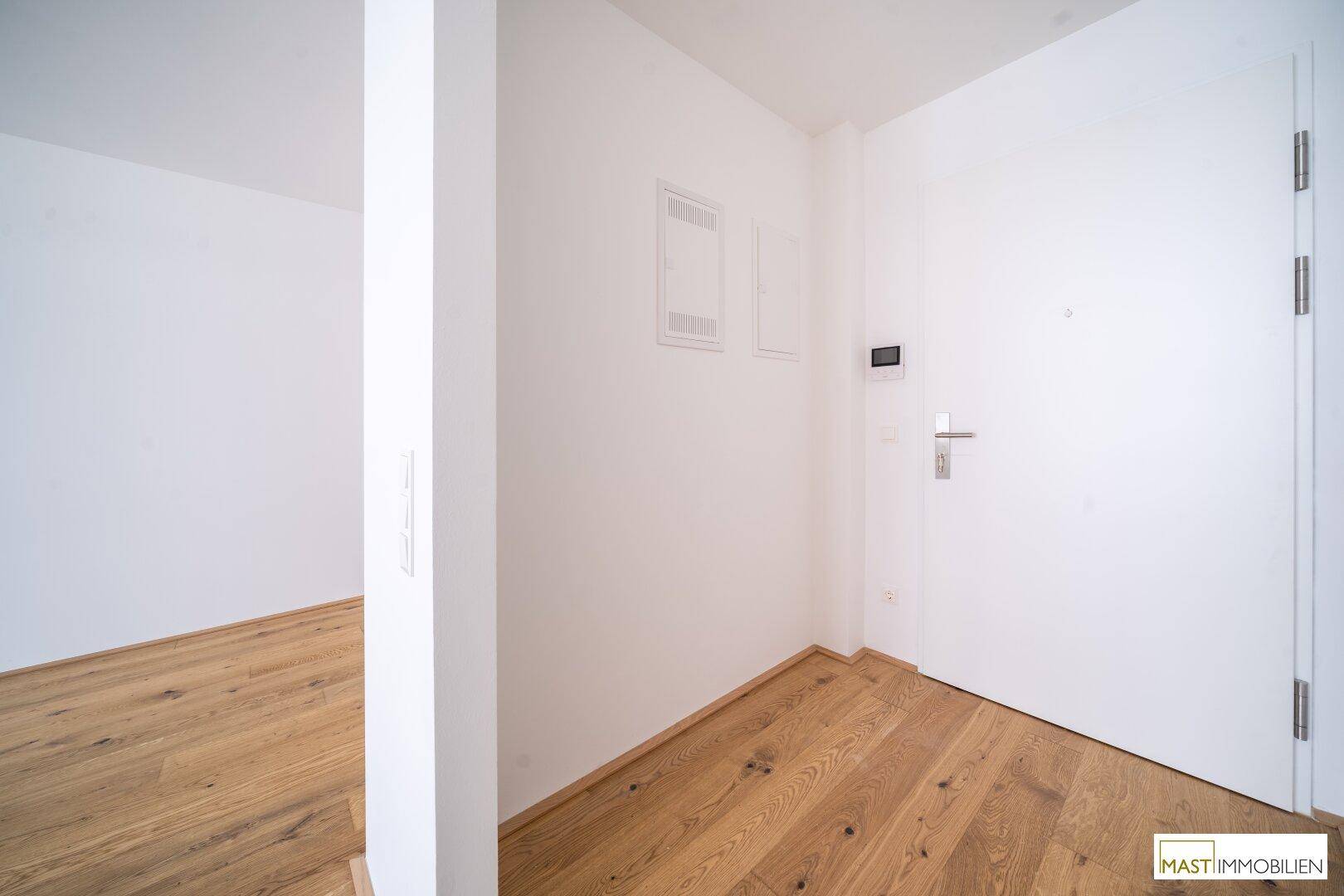 Moderner Eingangsbereich mit Holzboden und weißer Tür, bietet einen klaren und hellen Empfang.