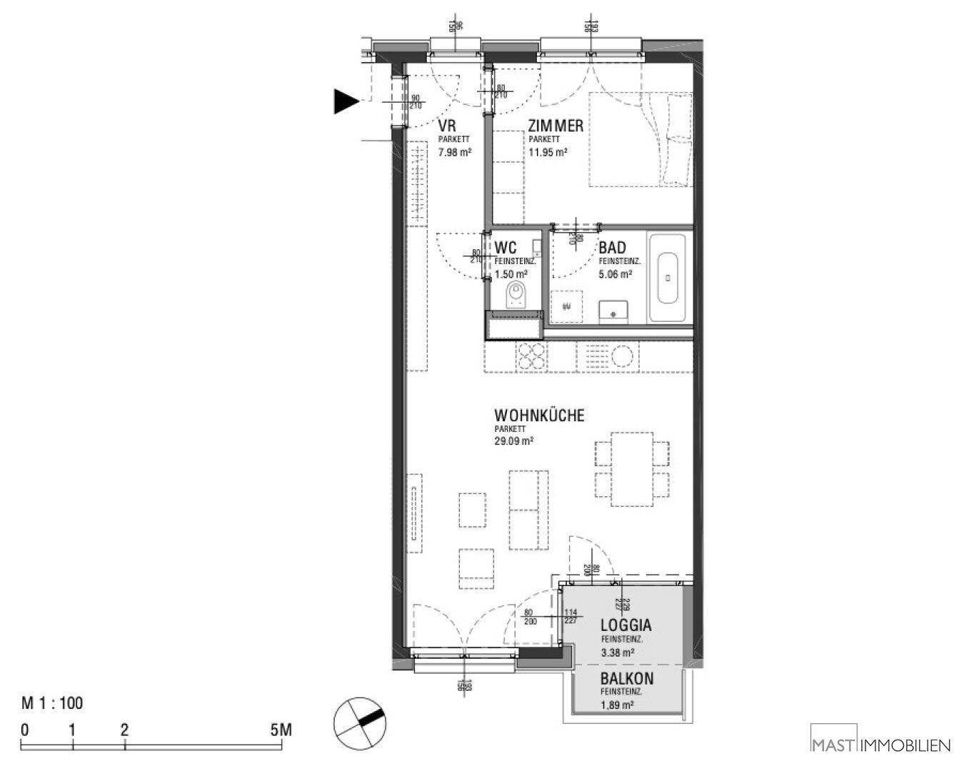 Detaillierter Grundriss einer Wohnung mit Wohnküche, Schlafzimmer, Bad und Loggia.