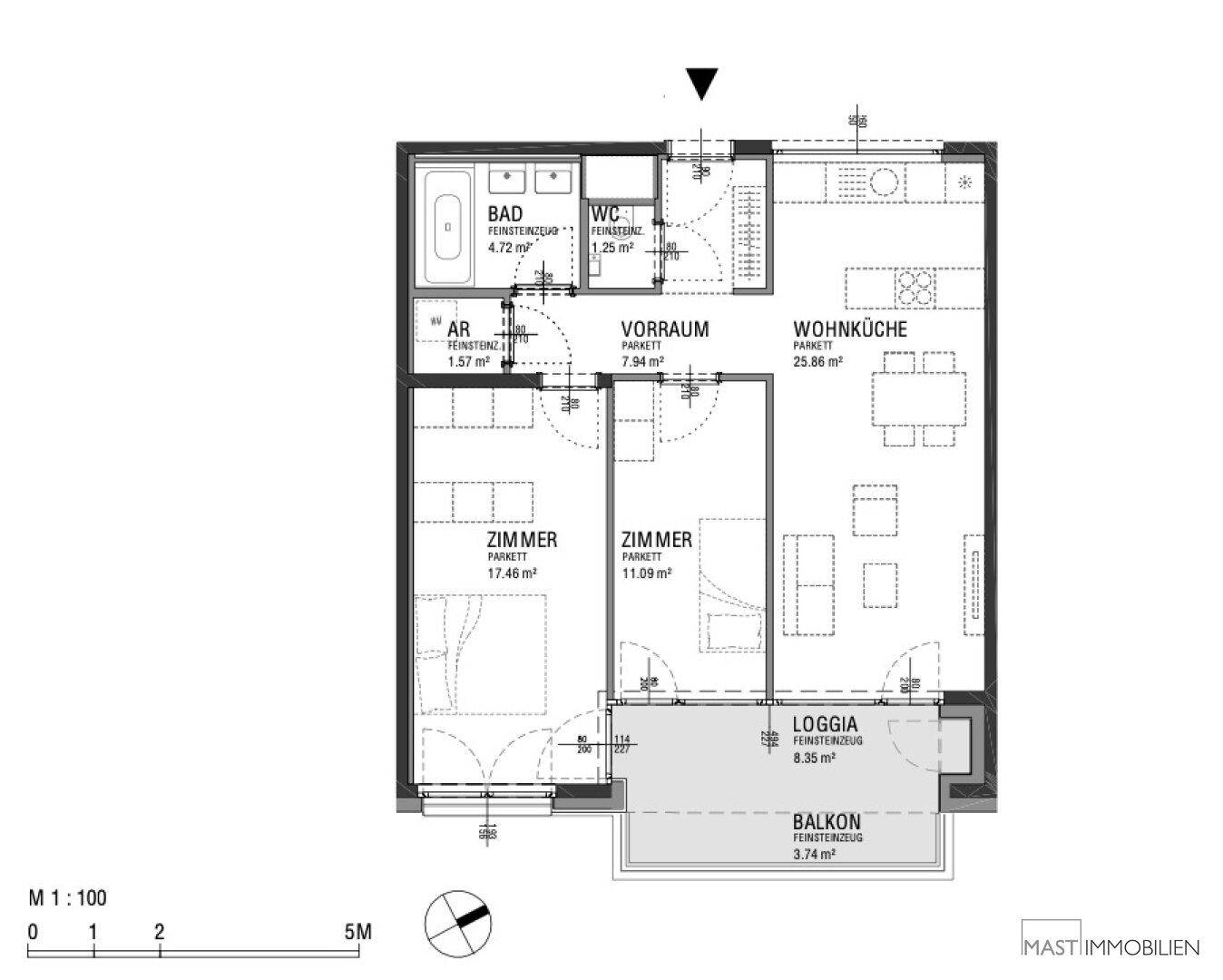 Detaillierter Grundriss der Wohnung mit Wohnküche, zwei Zimmern, Bad, WC, Loggia und Balkon.